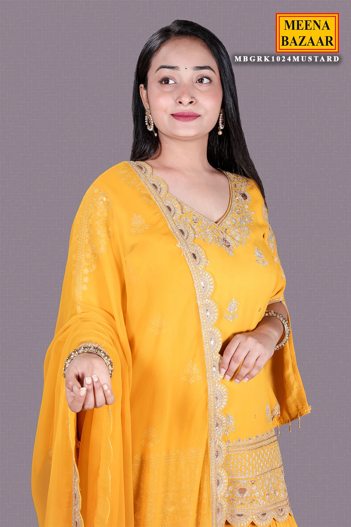 Mustard Zari Sequin Embroidered Georgette Gharara Suit Set - Image 2