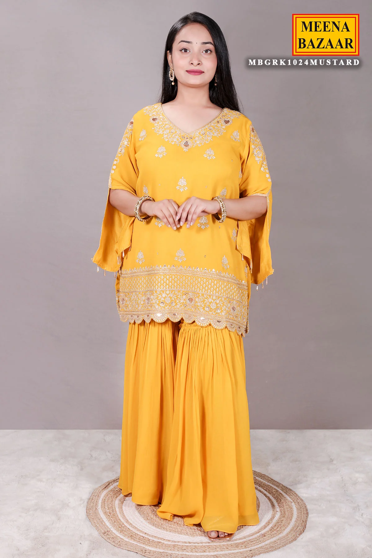 Mustard Zari Sequin Embroidered Georgette Gharara Suit Set - Image 6