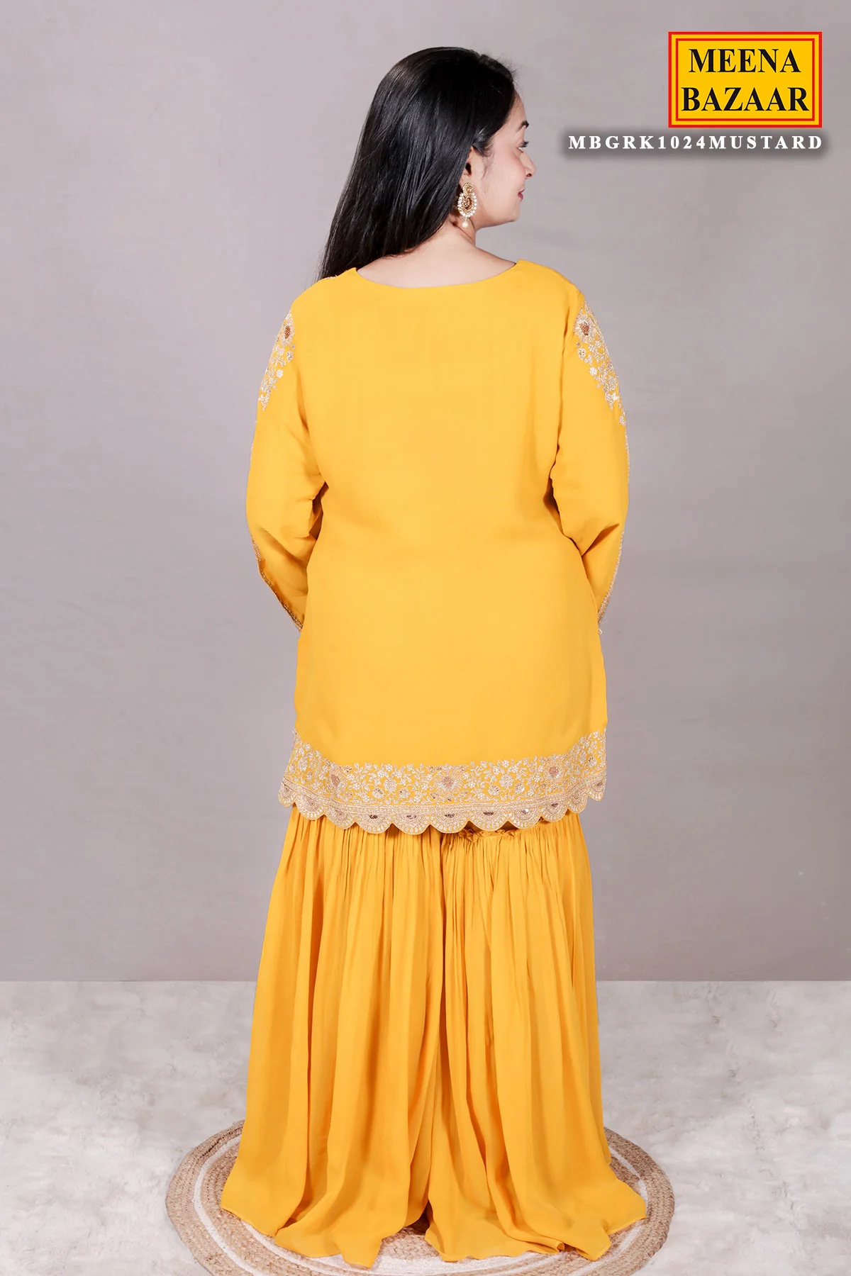 Mustard Zari Sequin Embroidered Georgette Gharara Suit Set - Image 8
