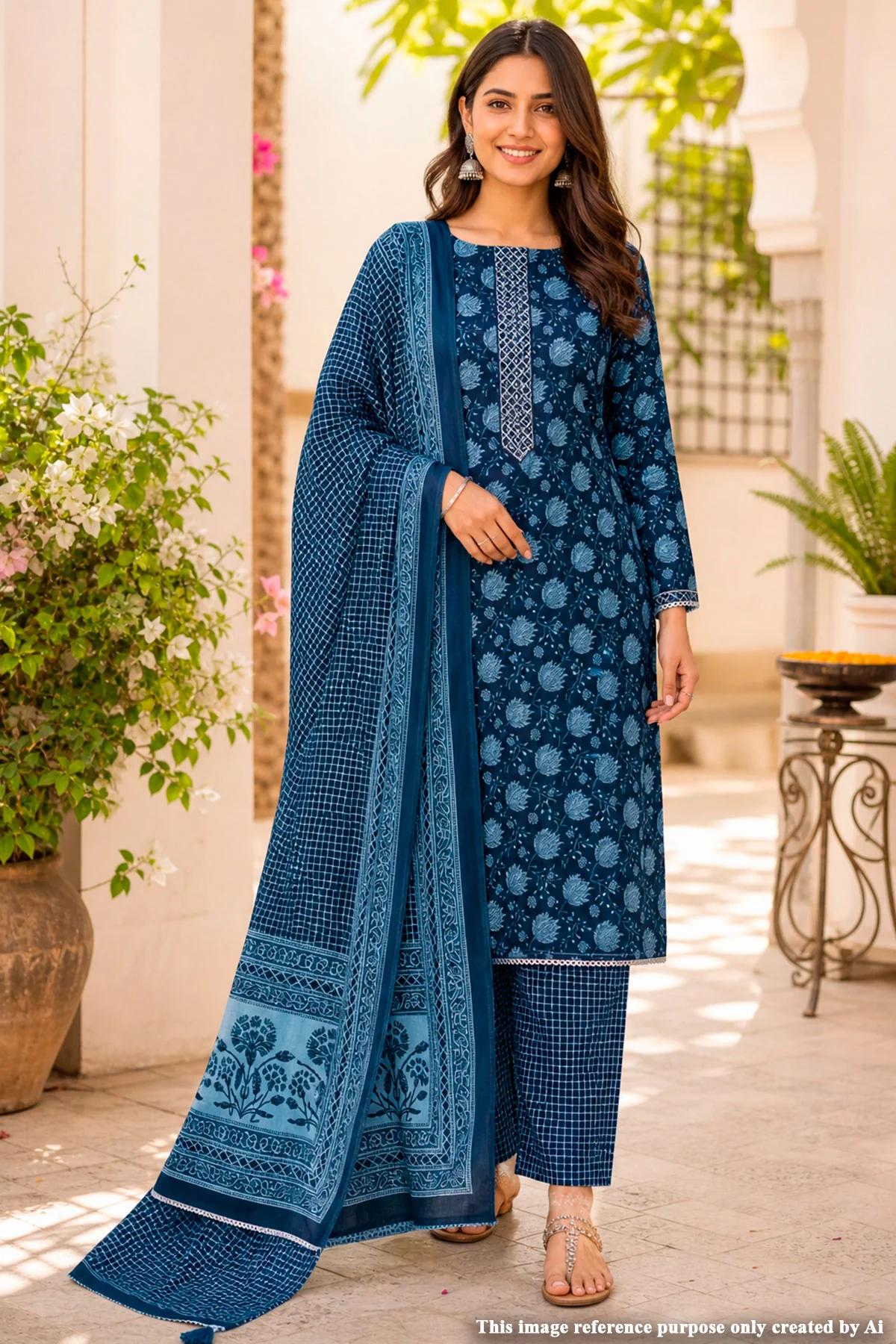 Navy Blue Embroidered Cotton Unstitched Suit Set with Dupatta for Women