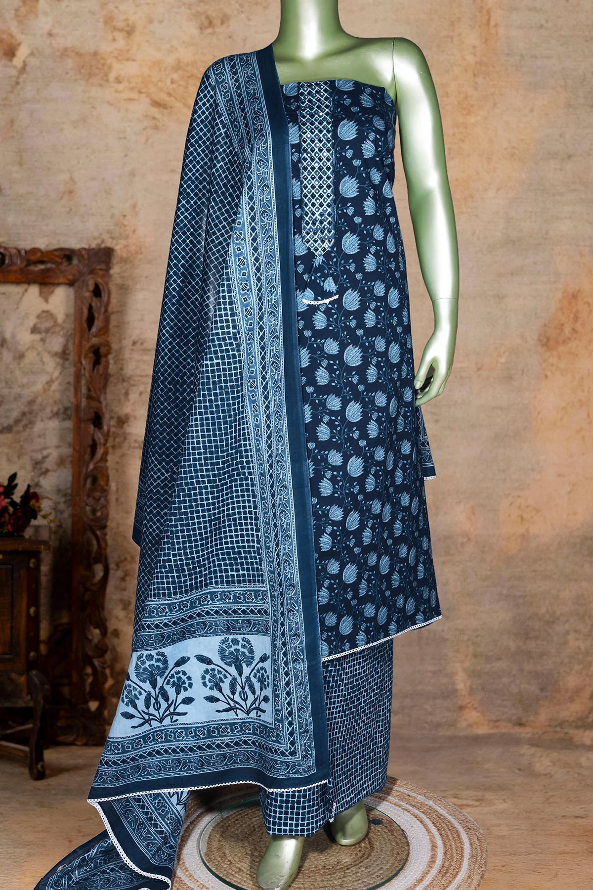 Navy Blue Embroidered Cotton Unstitched Suit Set with Dupatta for Women - Image 2