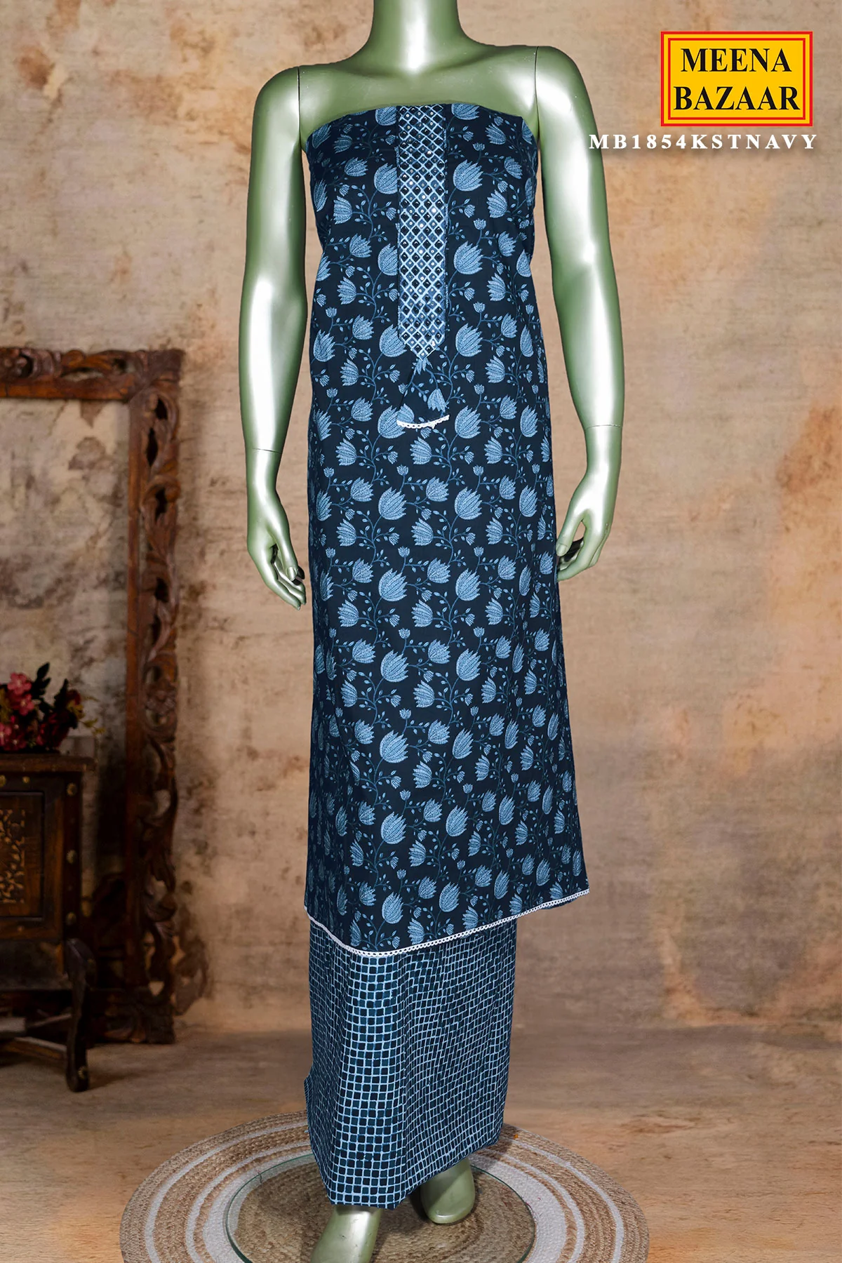 Navy Blue Embroidered Cotton Unstitched Suit Set with Dupatta for Women - Image 3