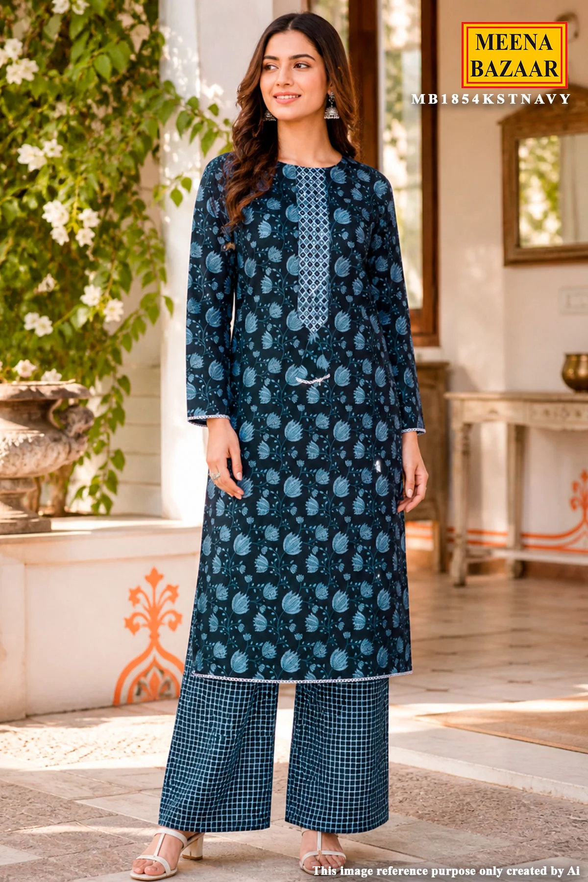 Navy Blue Embroidered Cotton Unstitched Suit Set with Dupatta for Women - Image 4