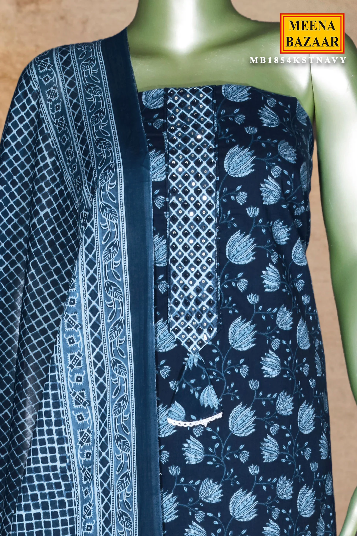Navy Blue Embroidered Cotton Unstitched Suit Set with Dupatta for Women - Image 5