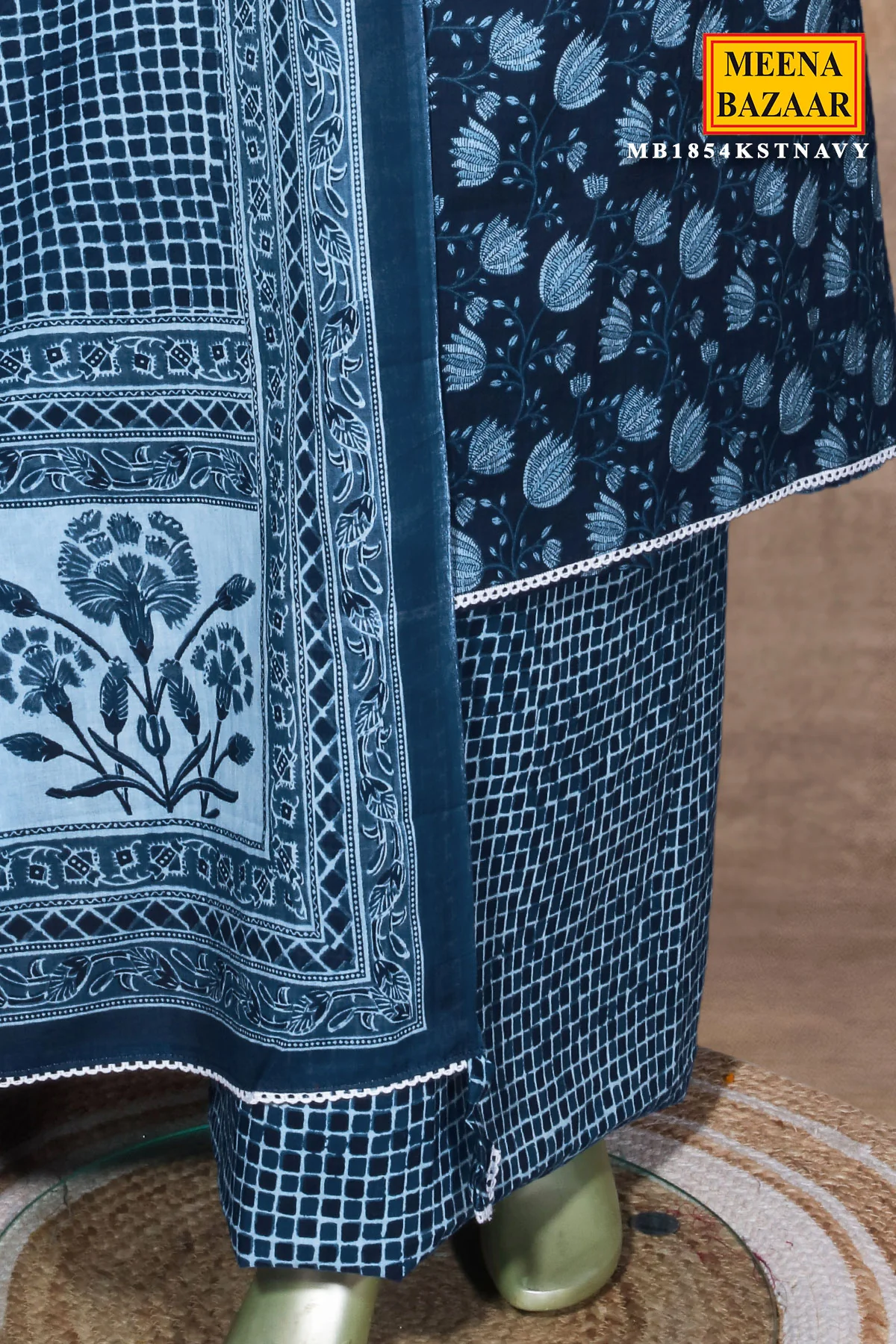 Navy Blue Embroidered Cotton Unstitched Suit Set with Dupatta for Women - Image 6