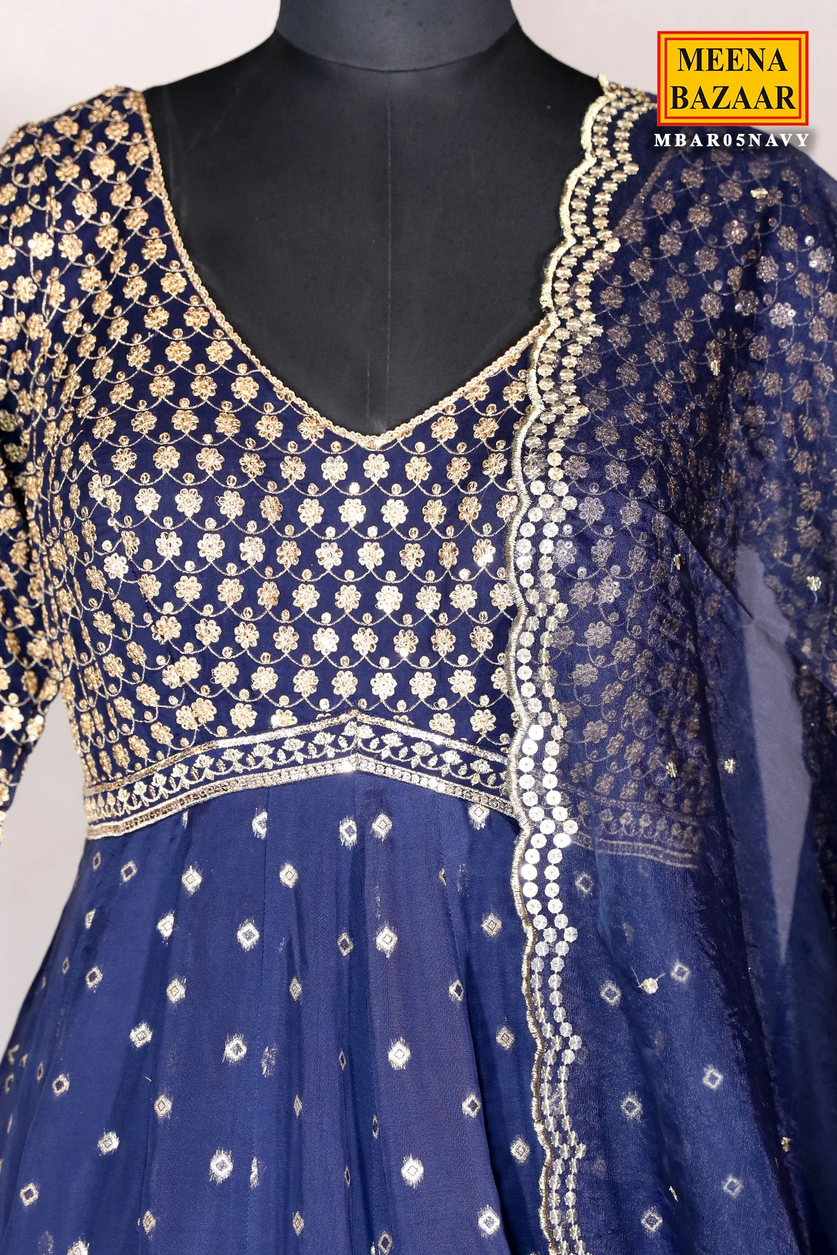 Navy Blue Georgette Zari & Sequins Embroidered Anarkali Styled Suit - Image 2