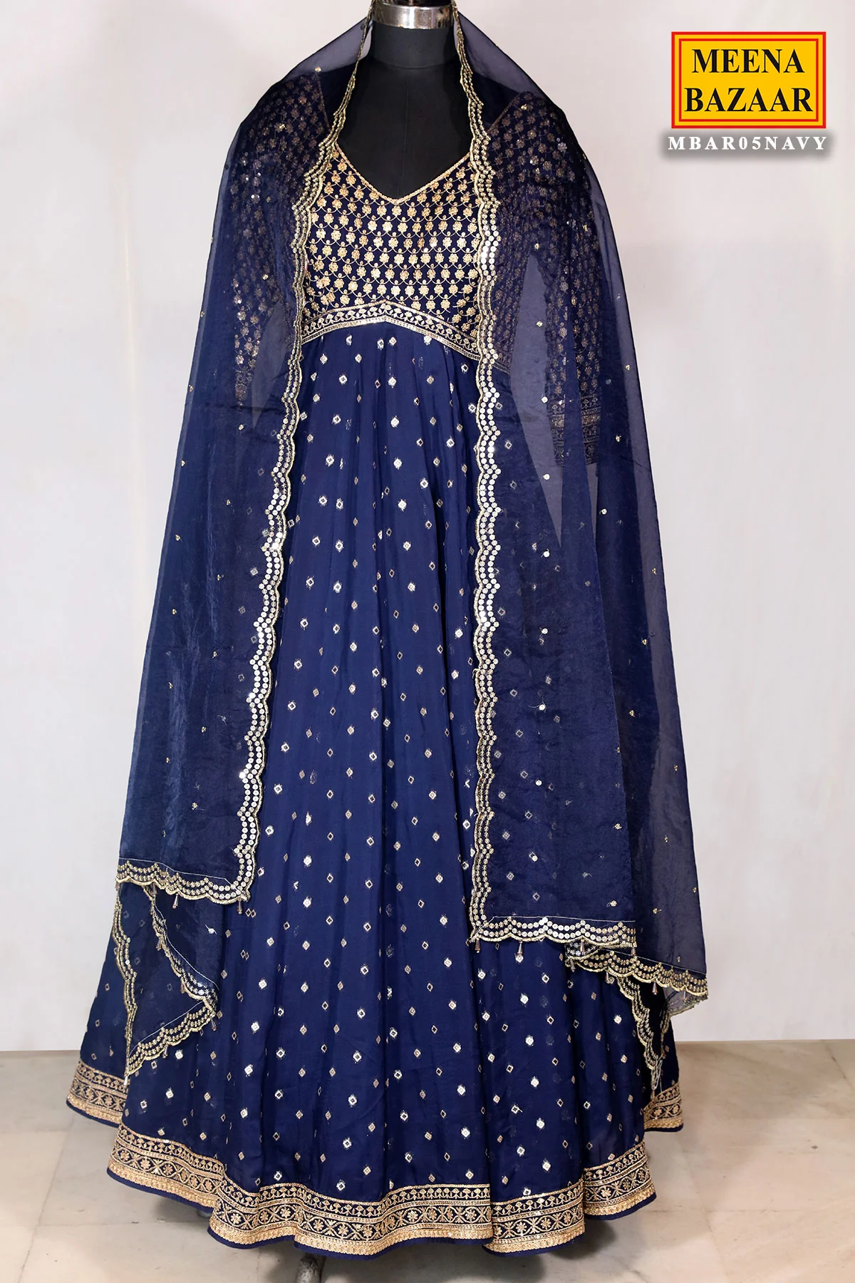 Navy Blue Georgette Zari & Sequins Embroidered Anarkali Styled Suit - Image 3