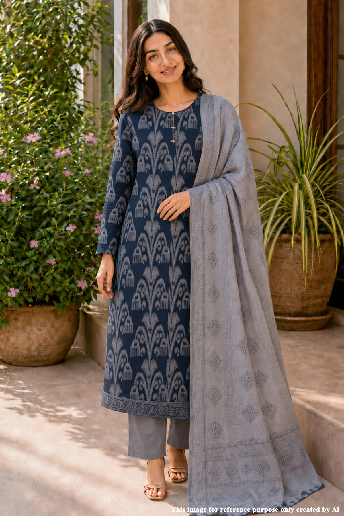 Navy Blue Printed Kurta Set with Grey Dupatta
