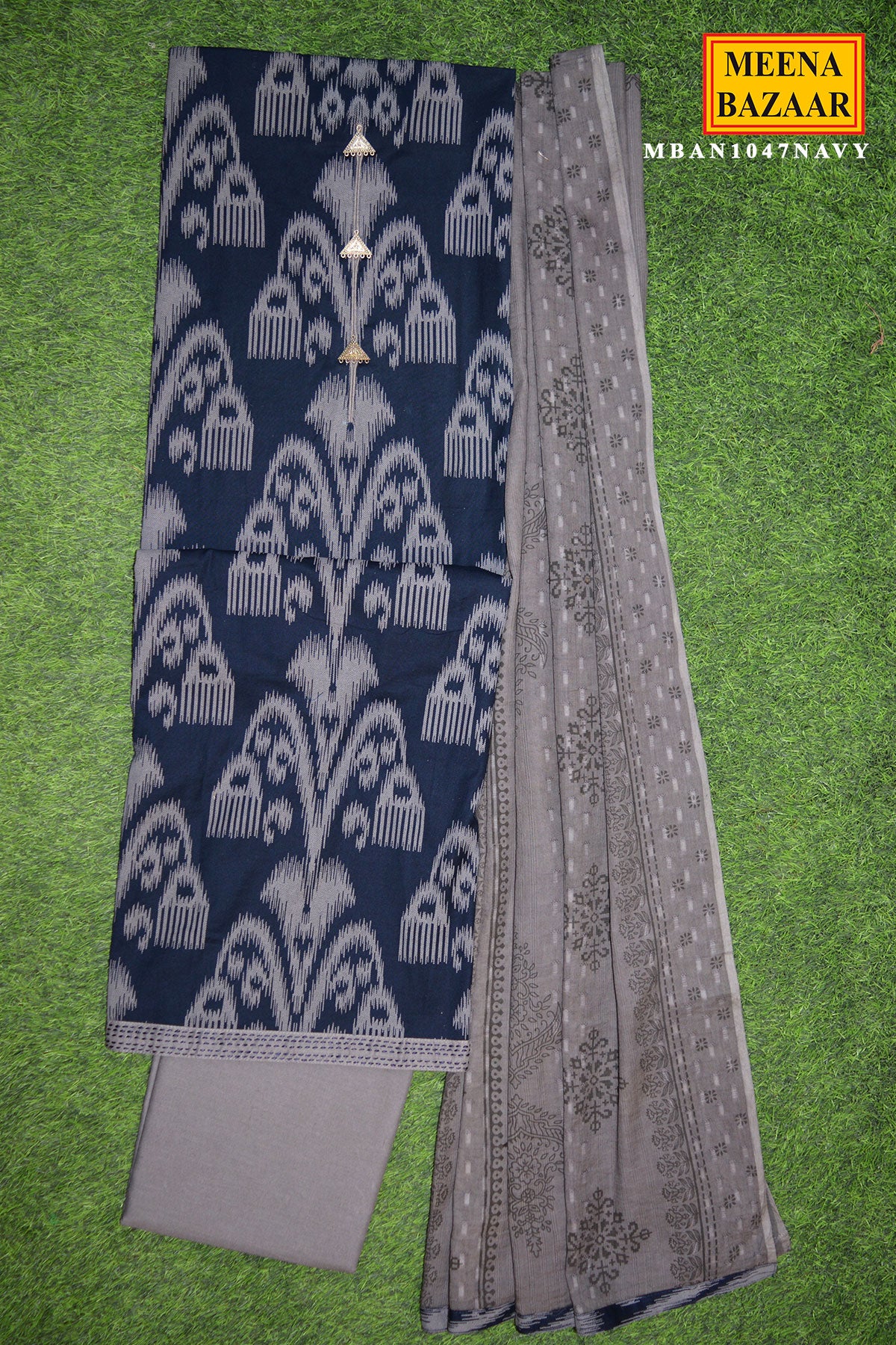 Navy Blue Printed Kurta Set with Grey Dupatta - Image 4
