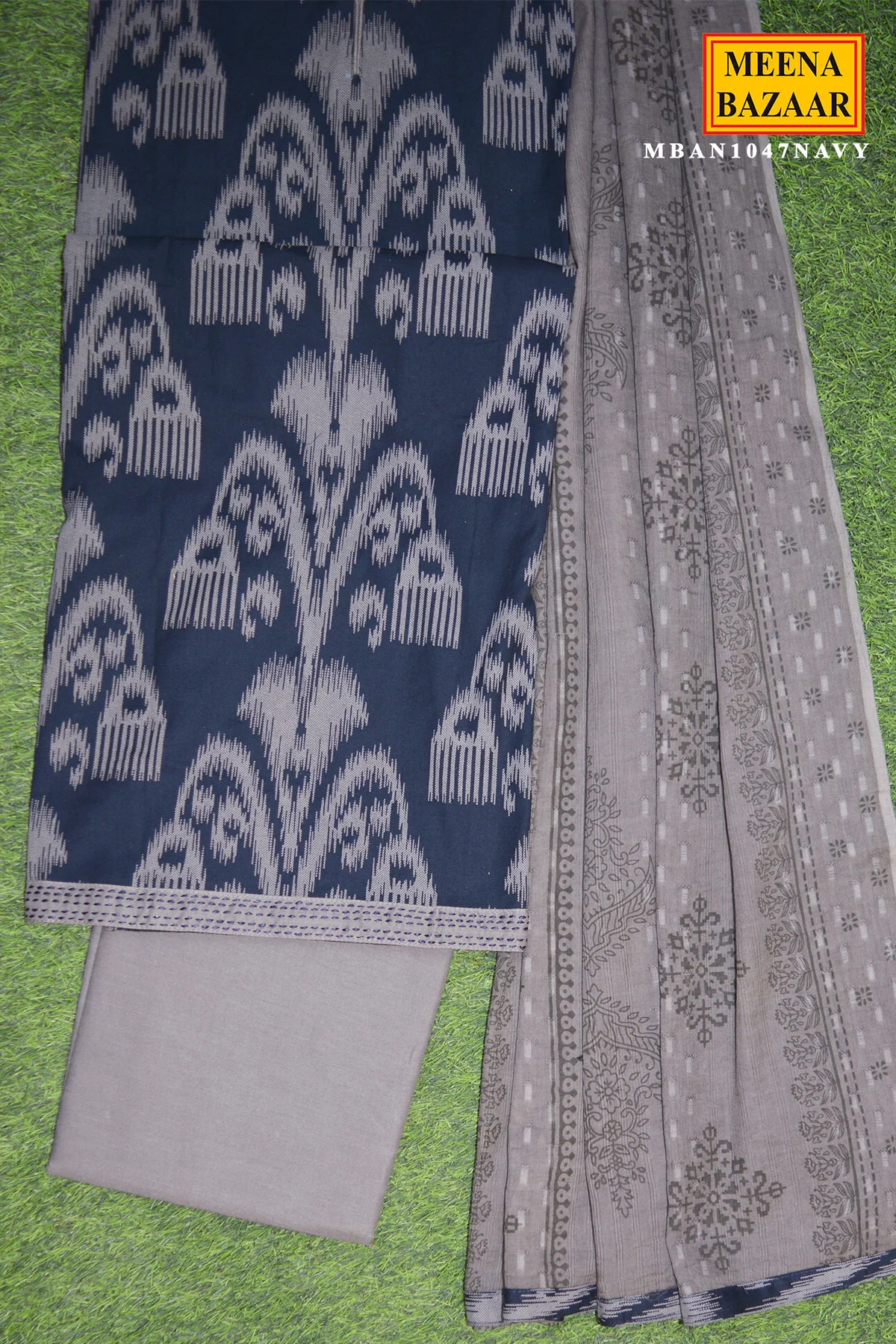 Navy Blue Printed Kurta Set with Grey Dupatta - Image 5