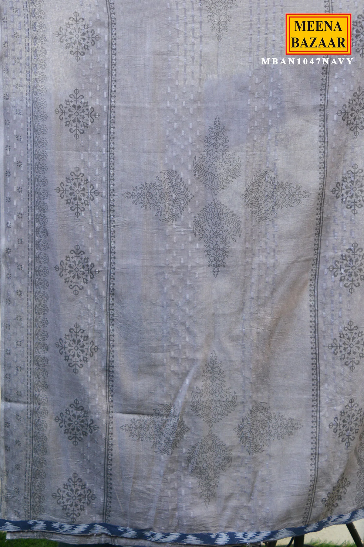 Navy Blue Printed Kurta Set with Grey Dupatta - Image 6