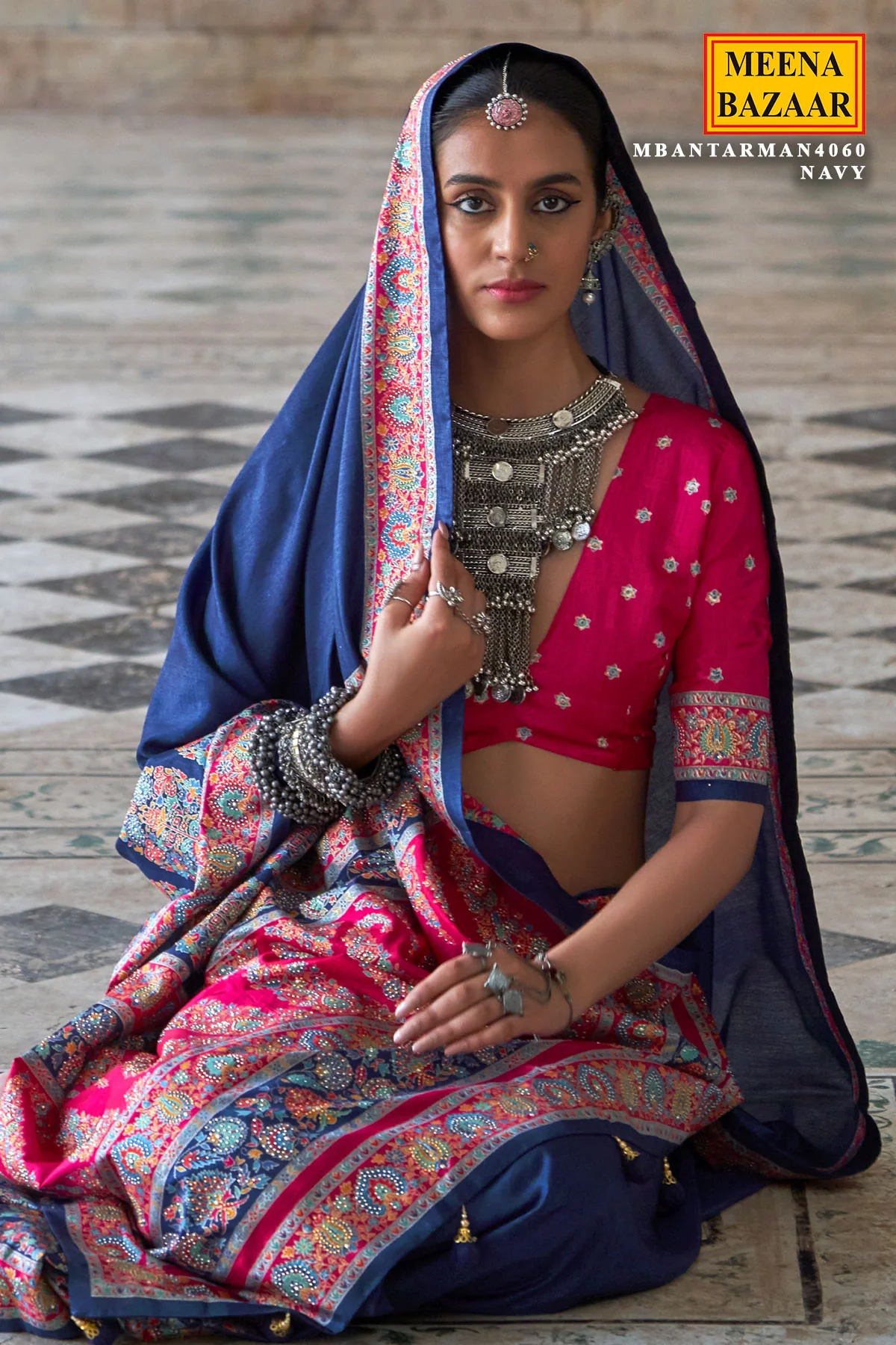 Navy Blue Printed Silk Saree for Festive & Party Wear - Image 2