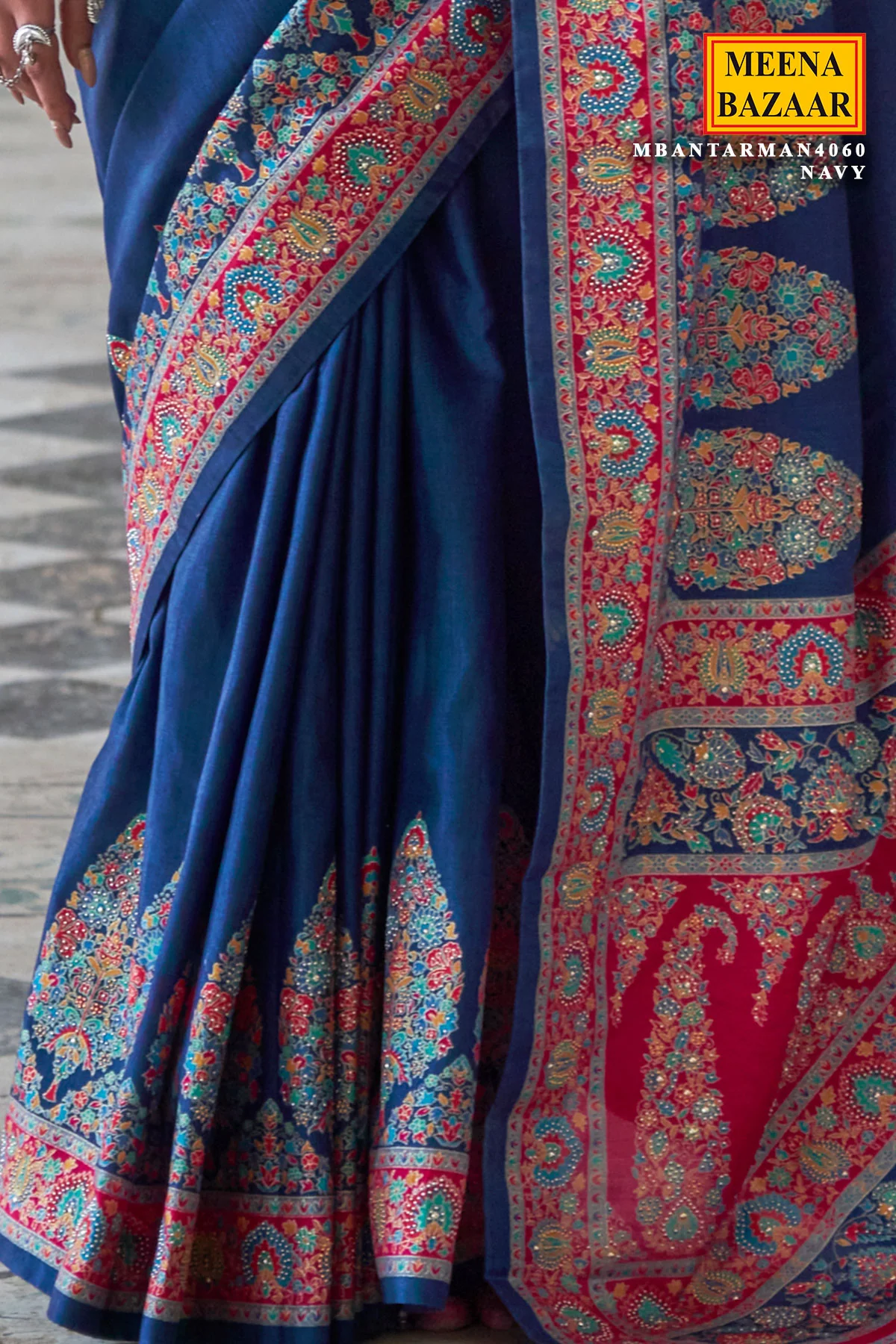 Navy Blue Printed Silk Saree for Festive & Party Wear - Image 3