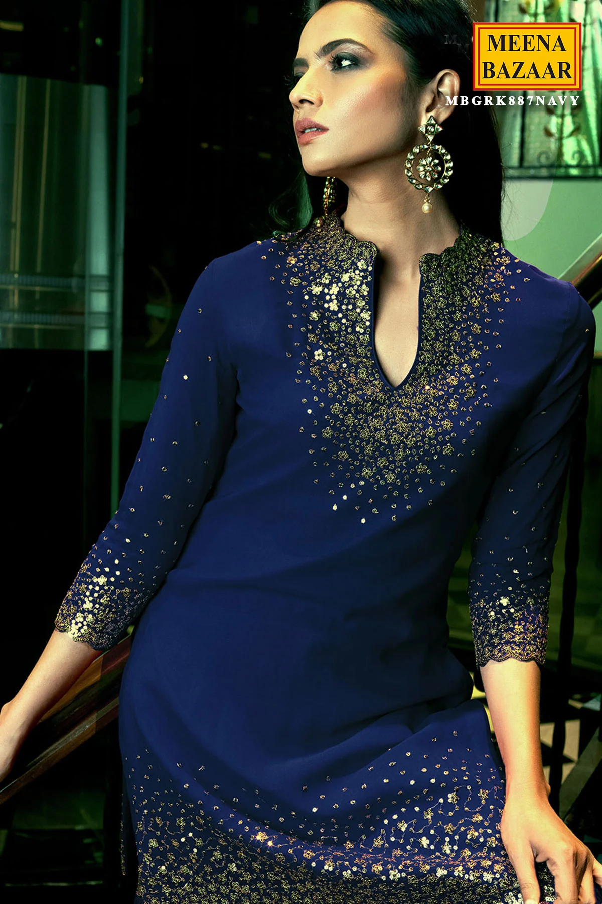 Navy Georgette Aari Embroidered Sharara Suit - Image 3