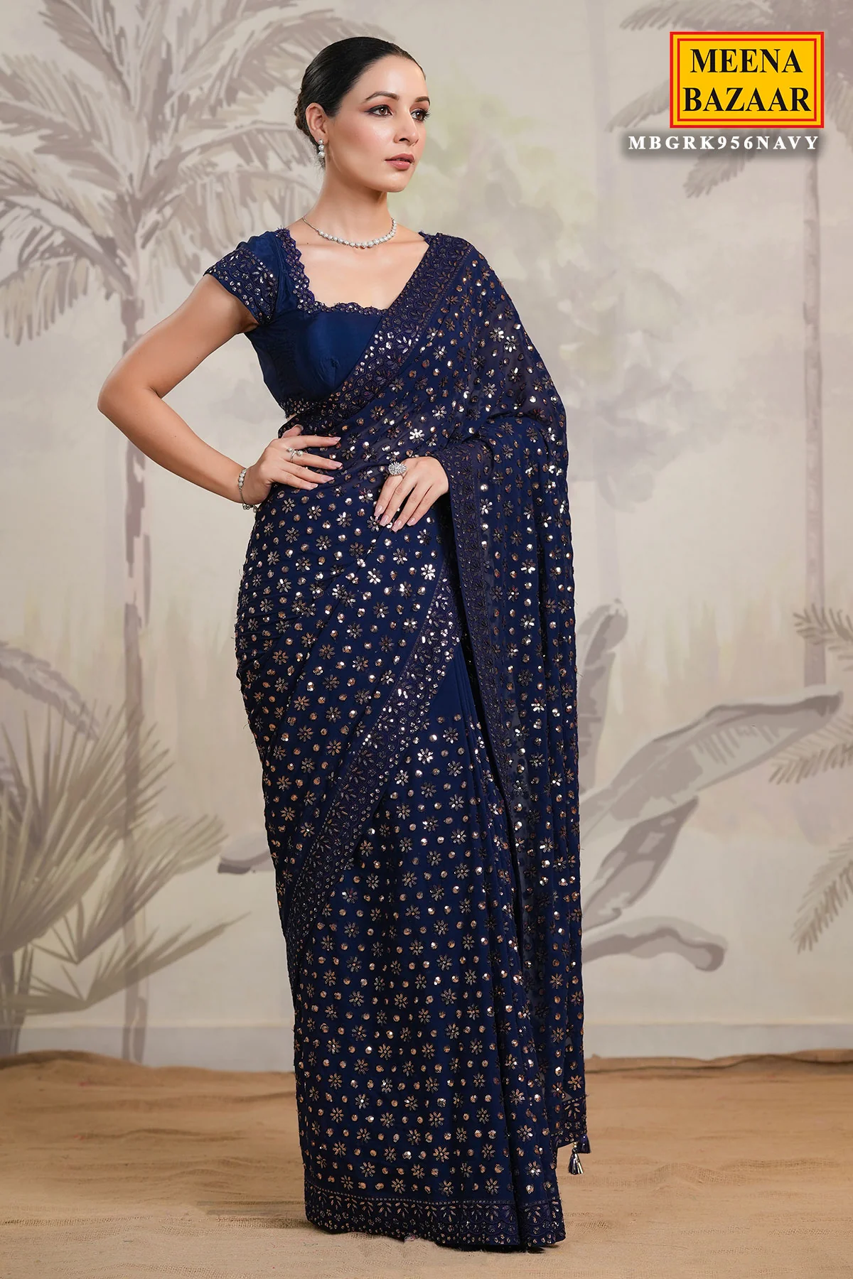Navy Georgette Floral Sequins Embroidered Saree - Image 6