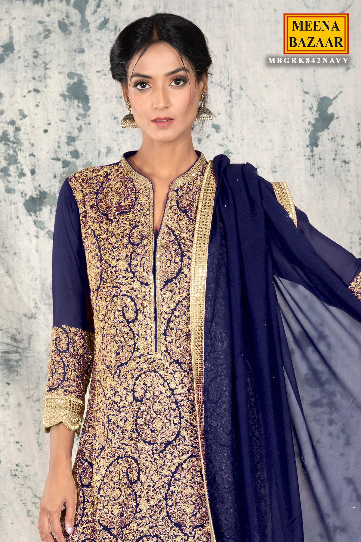 Navy Georgette Gharara Unstitched Suit - Image 3