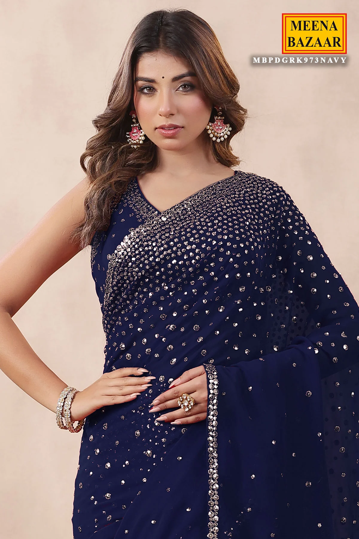 Navy Georgette Saree with Zari and Sequins Embroidery - Image 2