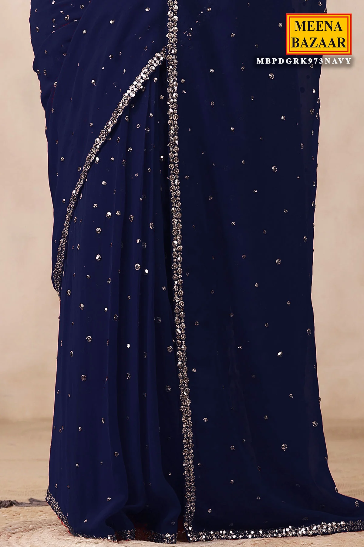 Navy Georgette Saree with Zari and Sequins Embroidery - Image 3