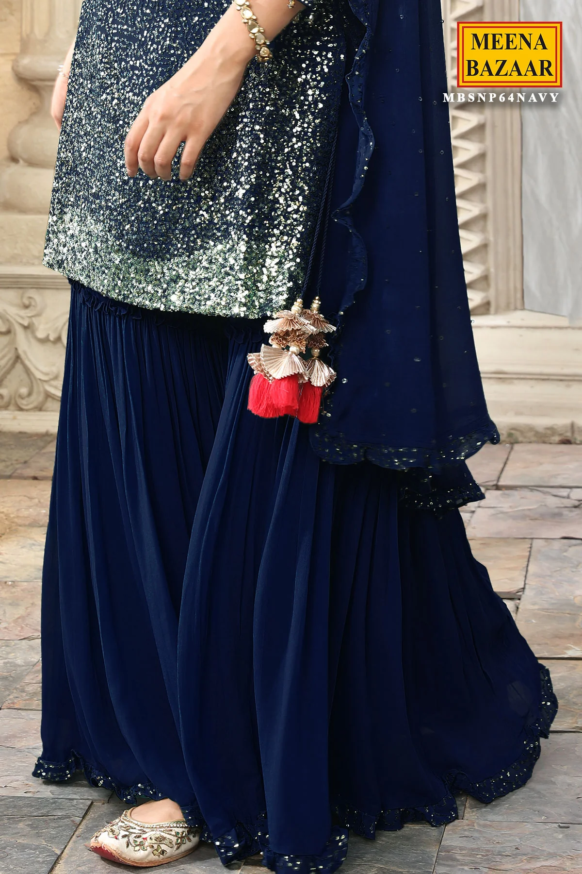Navy Georgette Sequins Embroidered Gharara Suit Set - Image 3