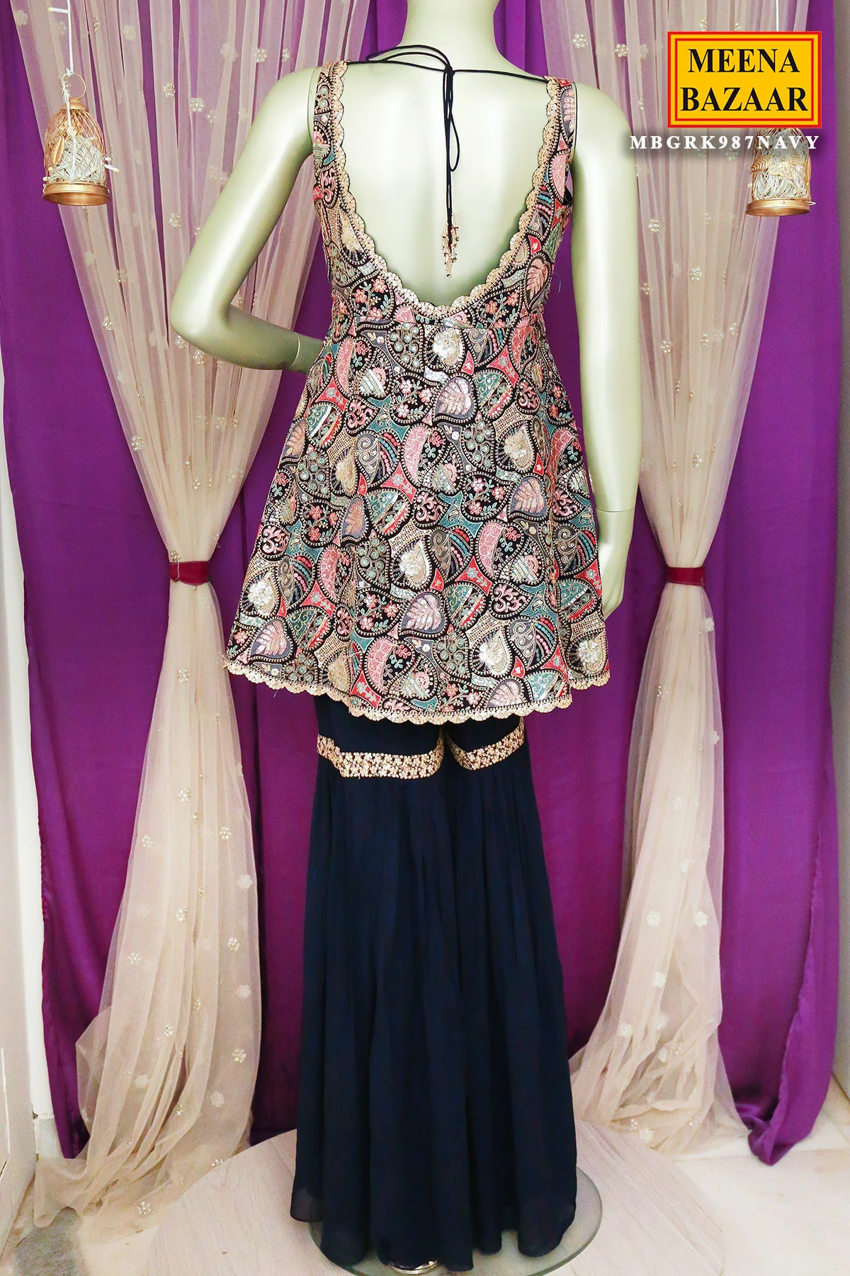 Navy Georgette Threadwork and Sequins Embroidered 3-piece Gharara Suit Set - Image 10