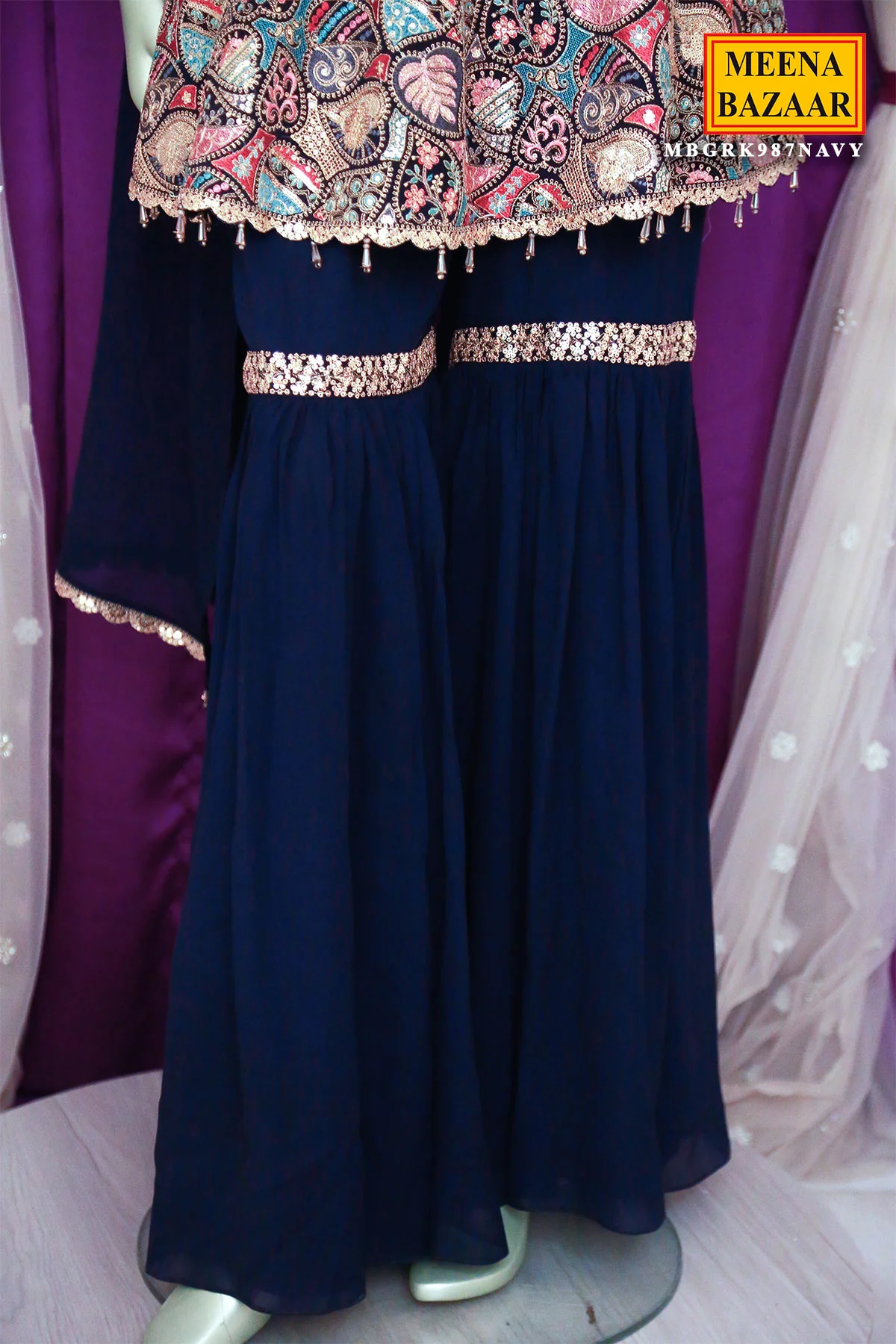 Navy Georgette Threadwork and Sequins Embroidered 3-piece Gharara Suit Set - Image 11