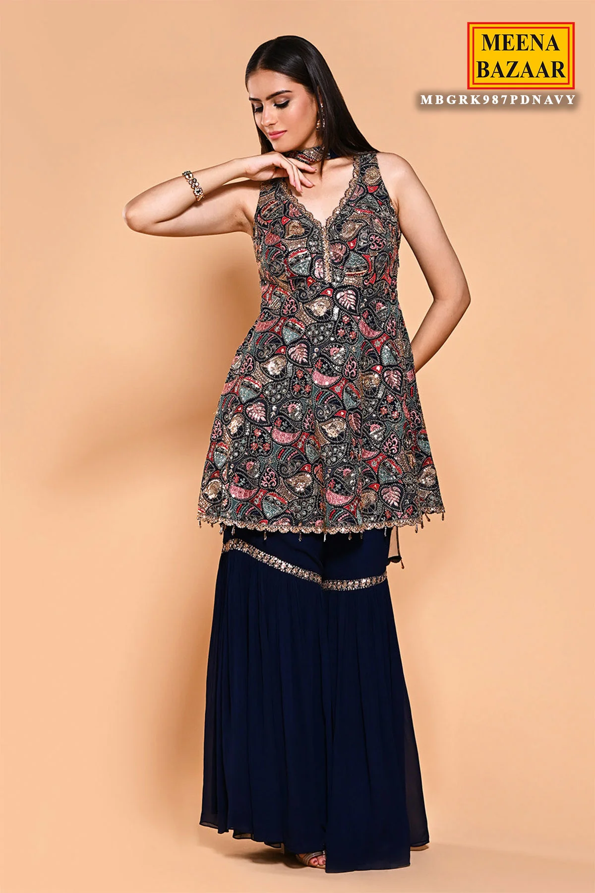 Navy Georgette Threadwork and Sequins Embroidered 3-piece Gharara Suit Set - Image 3