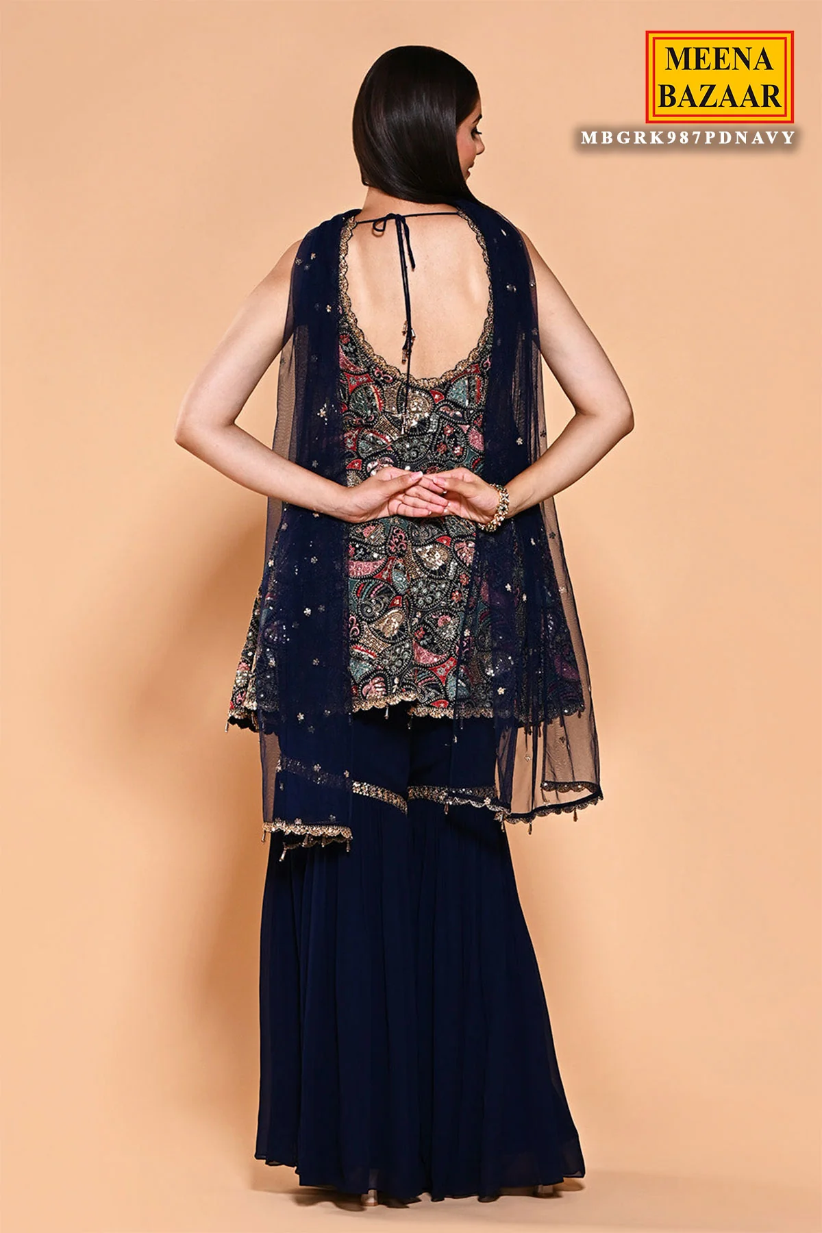Navy Georgette Threadwork and Sequins Embroidered 3-piece Gharara Suit Set - Image 5