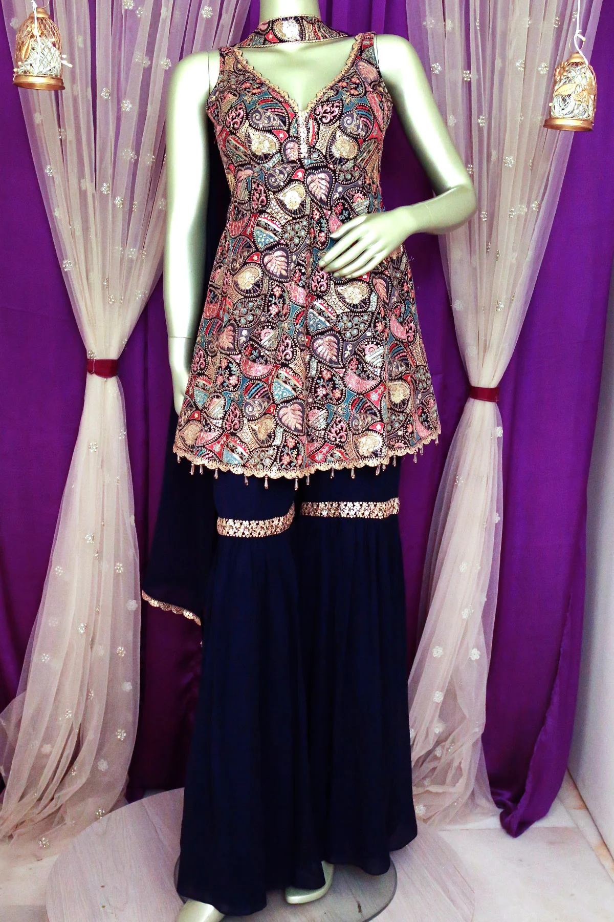 Navy Georgette Threadwork and Sequins Embroidered 3-piece Gharara Suit Set - Image 6