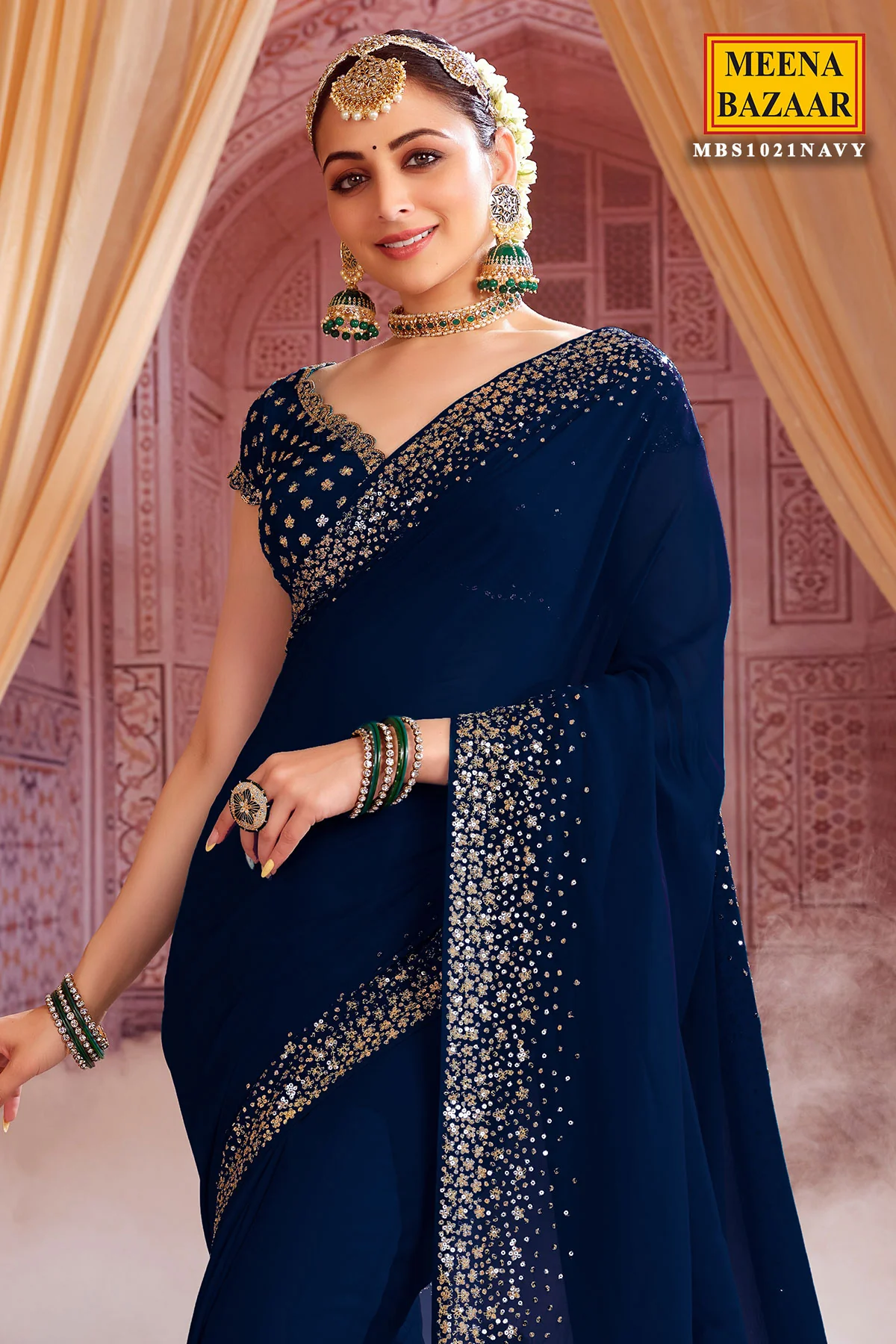 Navy Georgette Zari and Sequins Embroidered Saree - Image 2