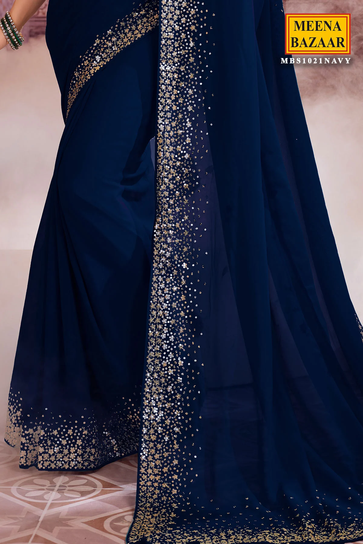Navy Georgette Zari and Sequins Embroidered Saree - Image 3