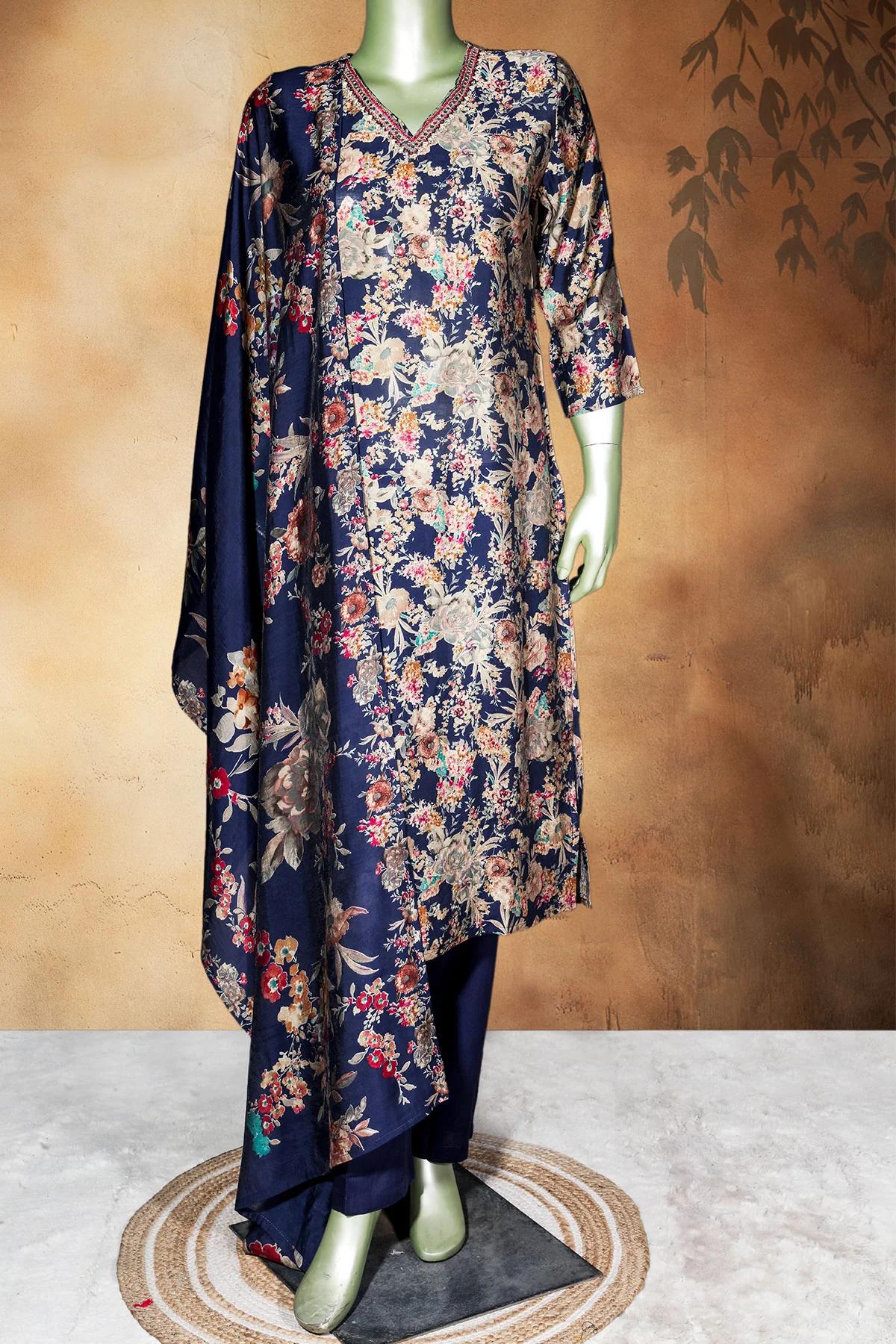 Navy Maslin Ready Made Suit with Elegant Neck Embroidery - Image 2