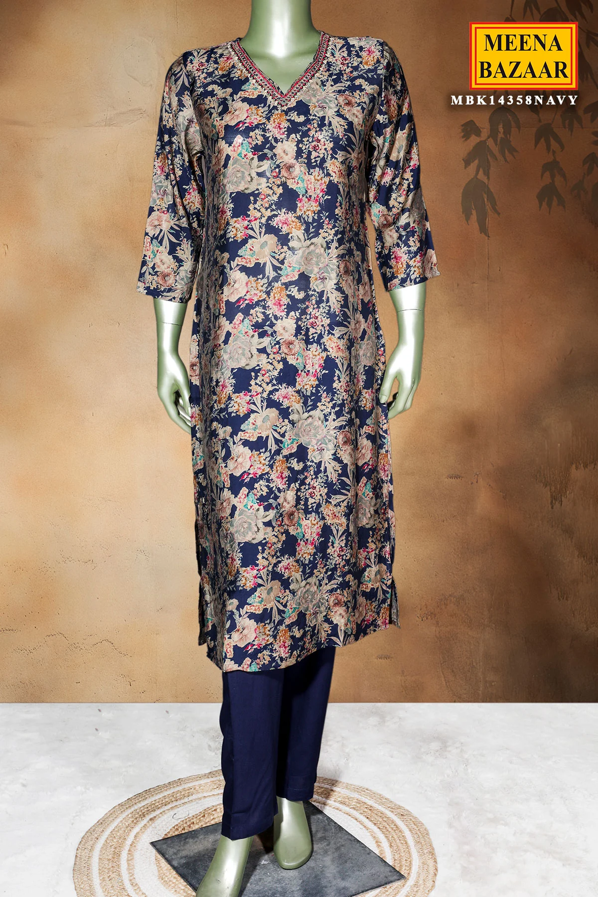 Navy Maslin Ready Made Suit with Elegant Neck Embroidery - Image 3