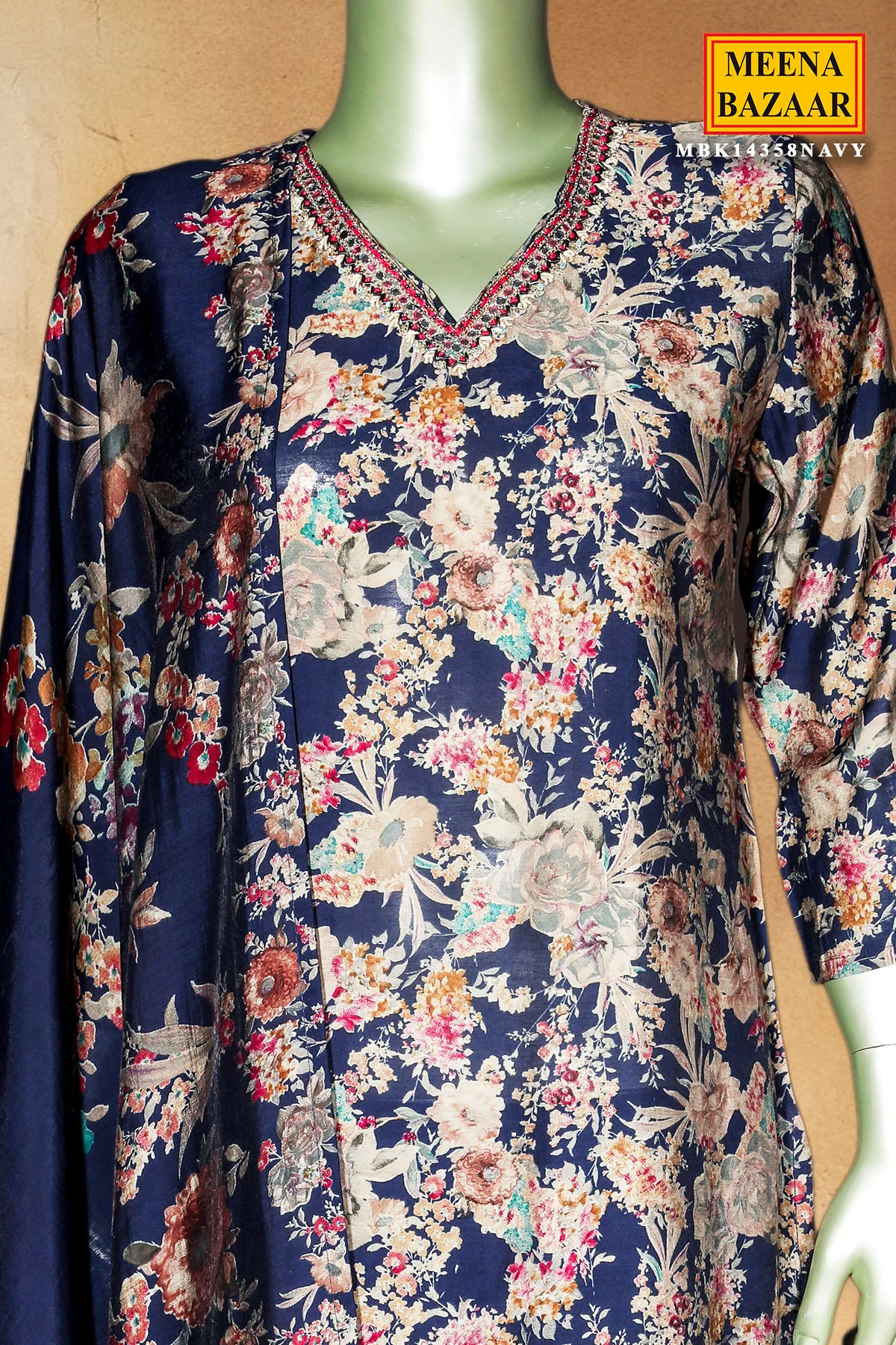 Navy Maslin Ready Made Suit with Elegant Neck Embroidery - Image 4