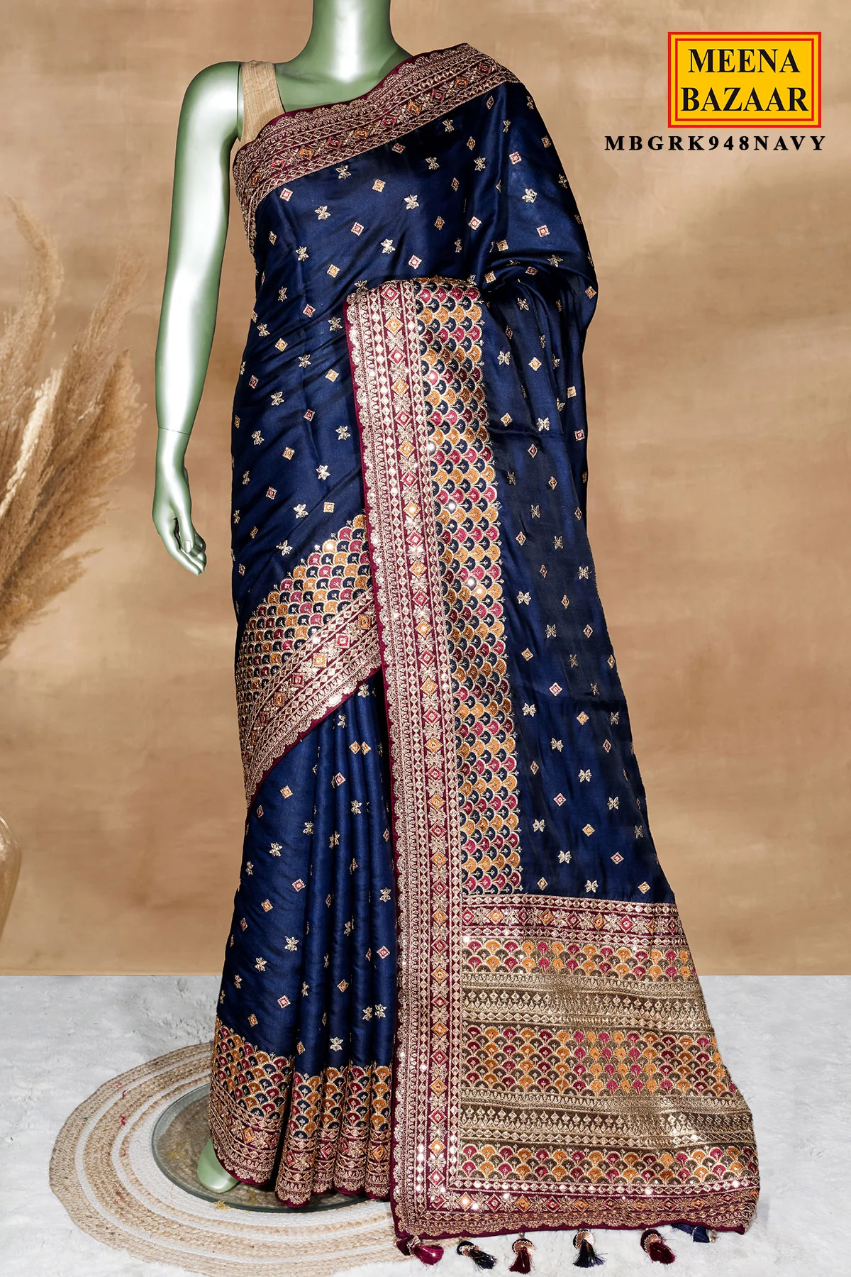 Navy Silk Embroidered Saree - Elegant Designer Party Wear Saree - Image 2