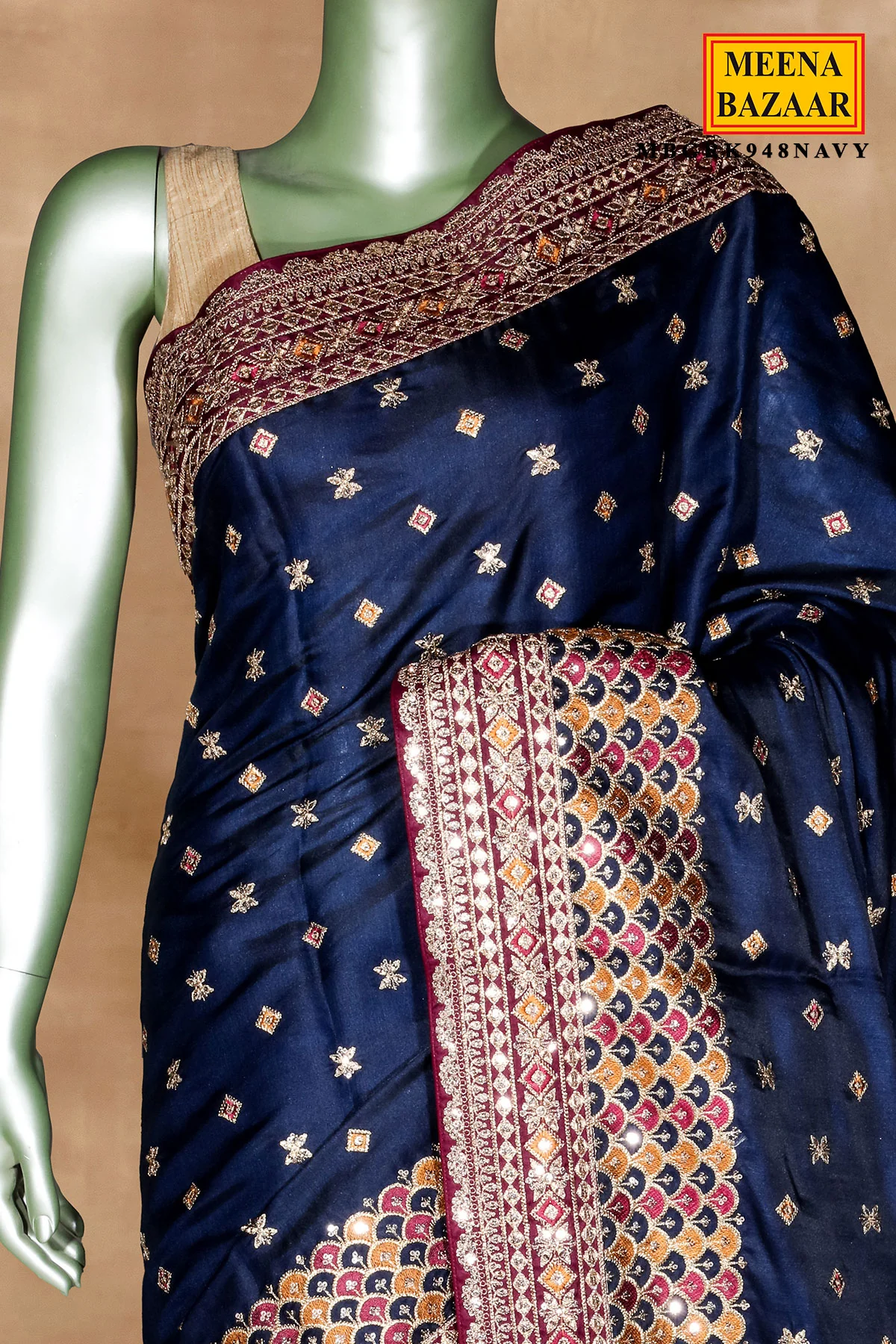 Navy Silk Embroidered Saree - Elegant Designer Party Wear Saree - Image 3