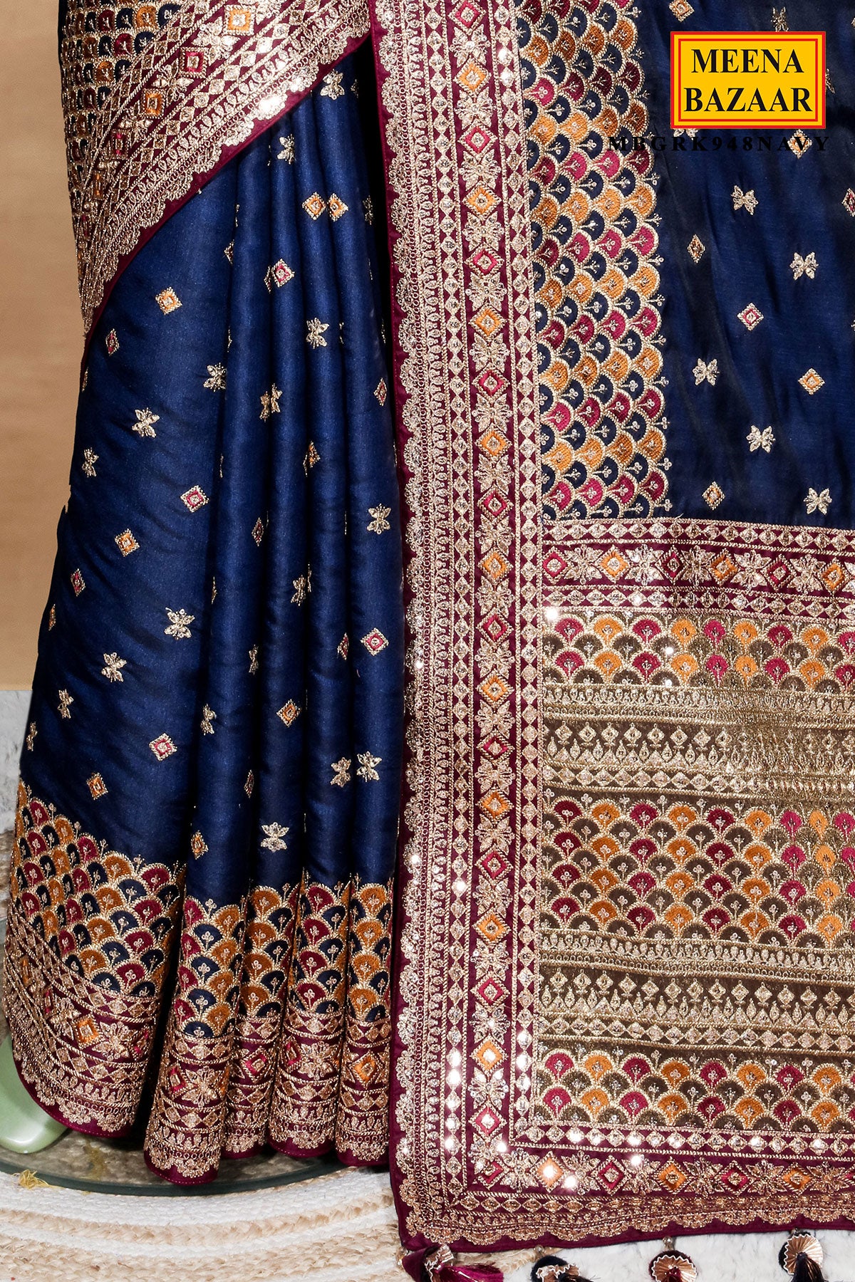 Navy Silk Embroidered Saree - Elegant Designer Party Wear Saree - Image 4