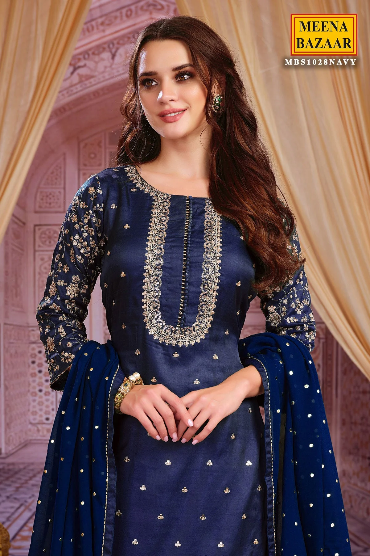 Navy Silk Zari and Sequins Embroidered Unstitched Suit - Image 3