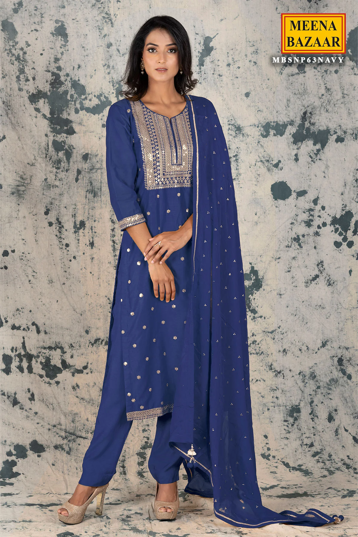 Navy Silk Zari & Sequins Suit Set - Image 2