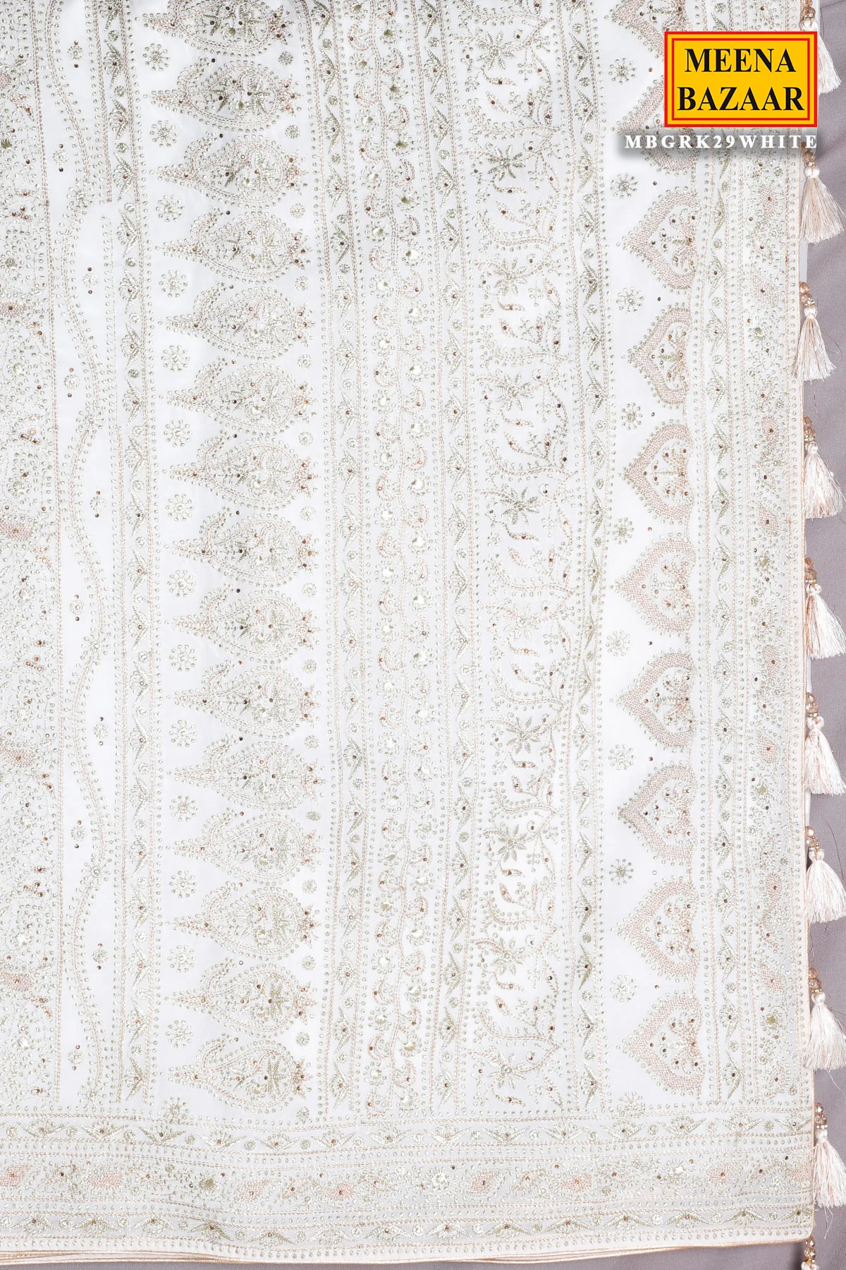 Off-white Zari, Jarkan Embellished Georgette Saree - Image 4