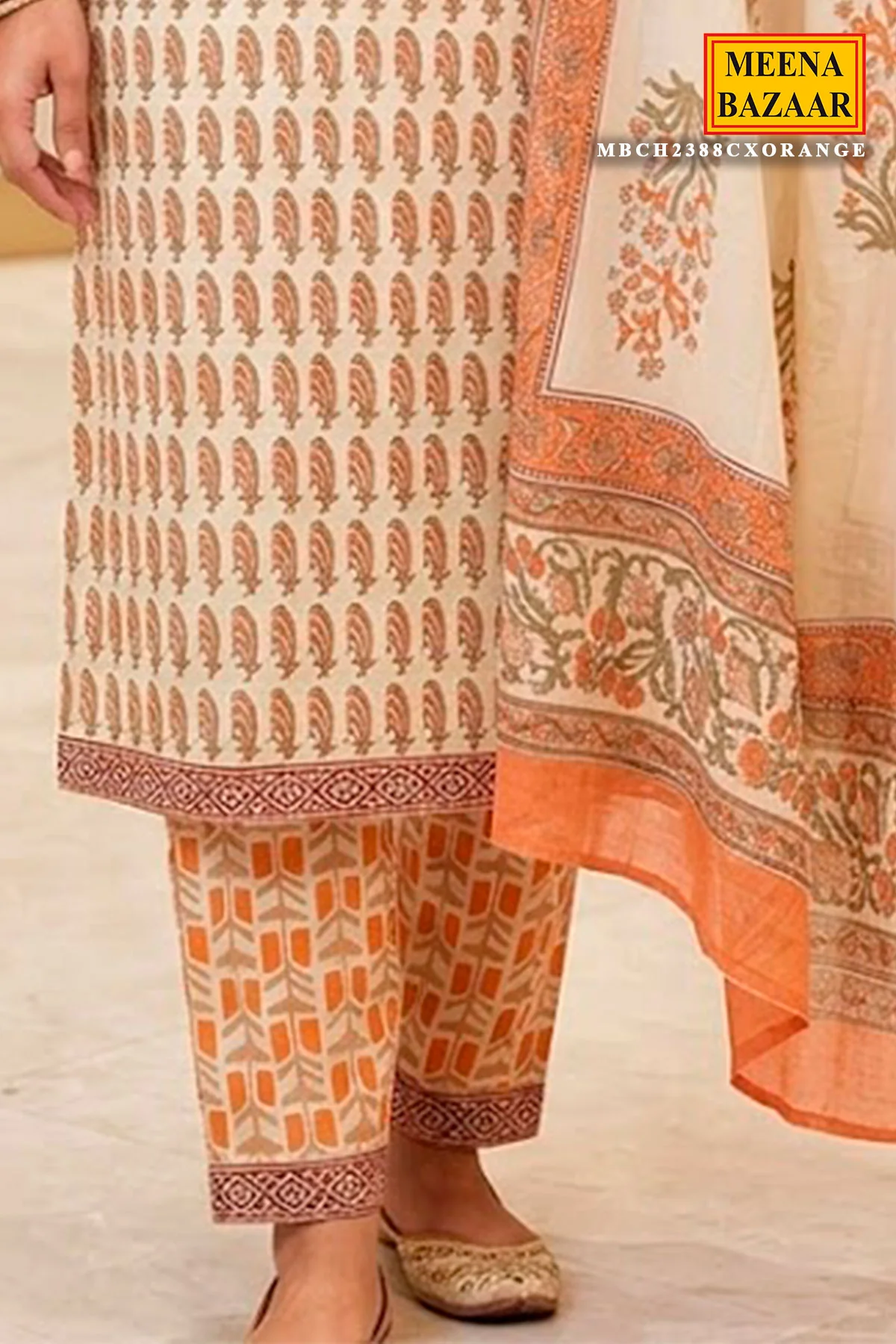 Orange Cotton Embroidered Unstitched Suit Set - Image 3