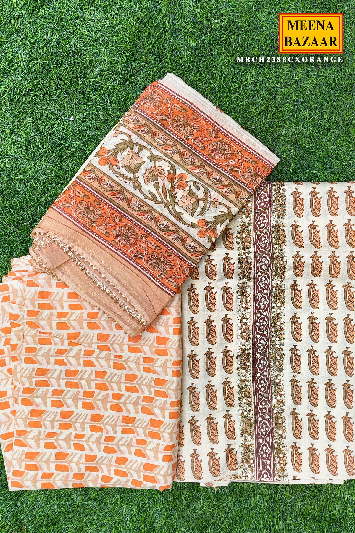 Orange Cotton Embroidered Unstitched Suit Set - Image 4