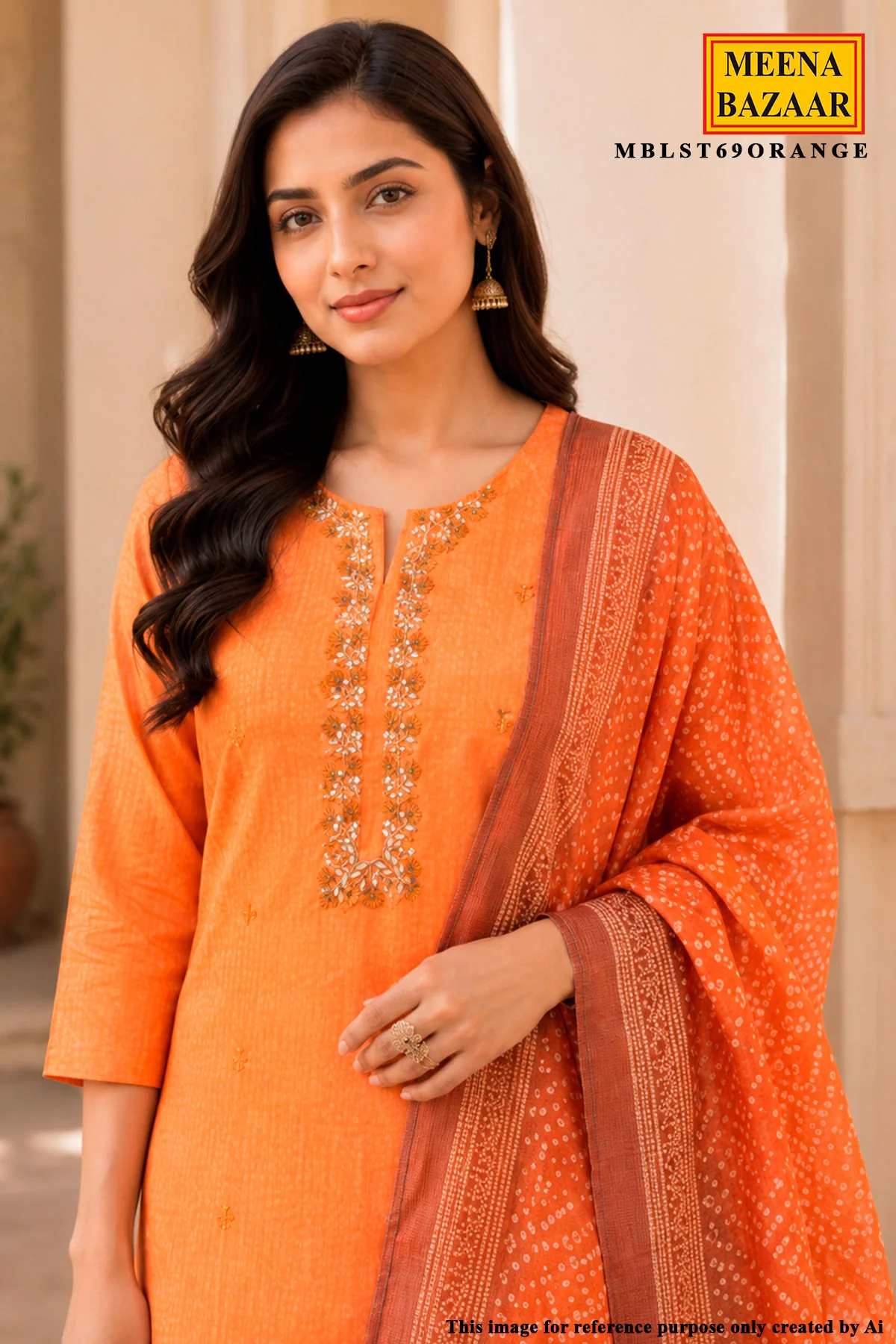 Orange Embroidered Suit Set with Dupatta - Image 5
