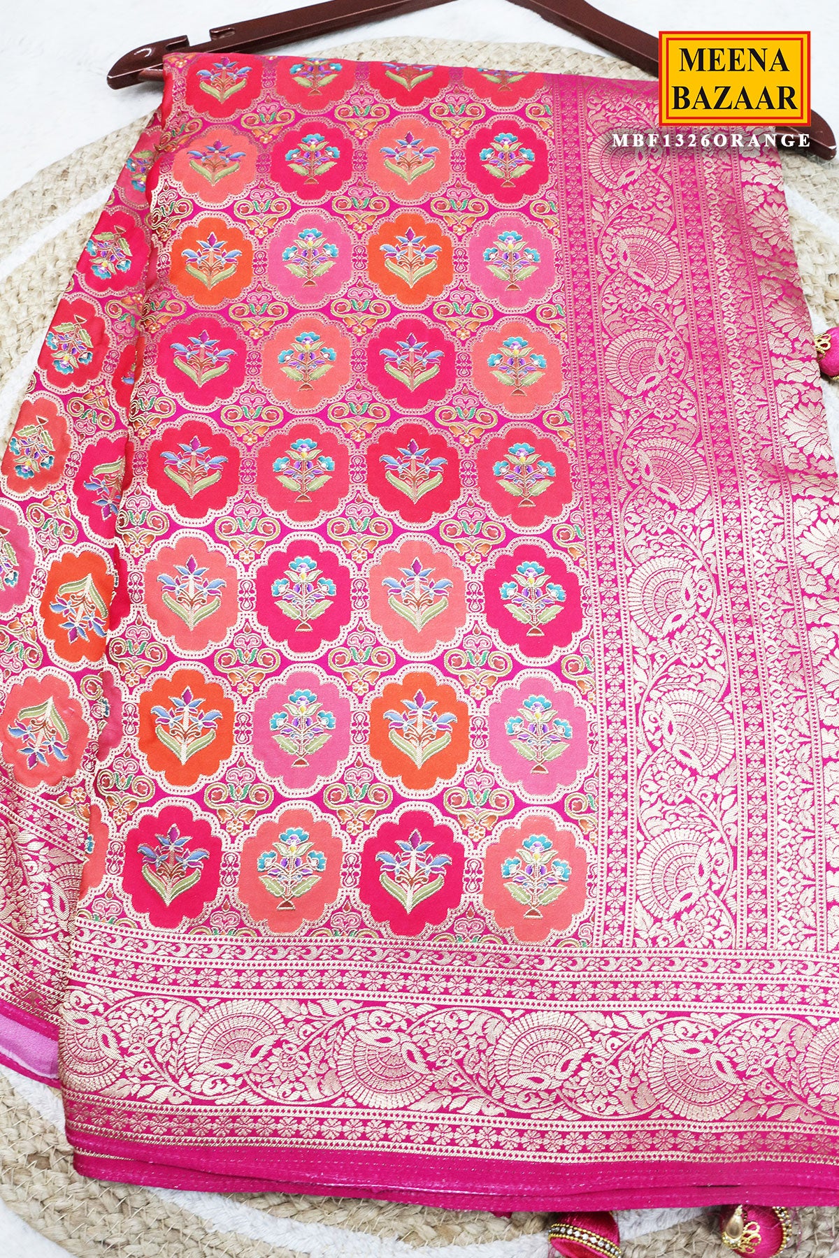 Orange Silk Weaving Jaal Saree - Traditional Designer Saree - Image 2