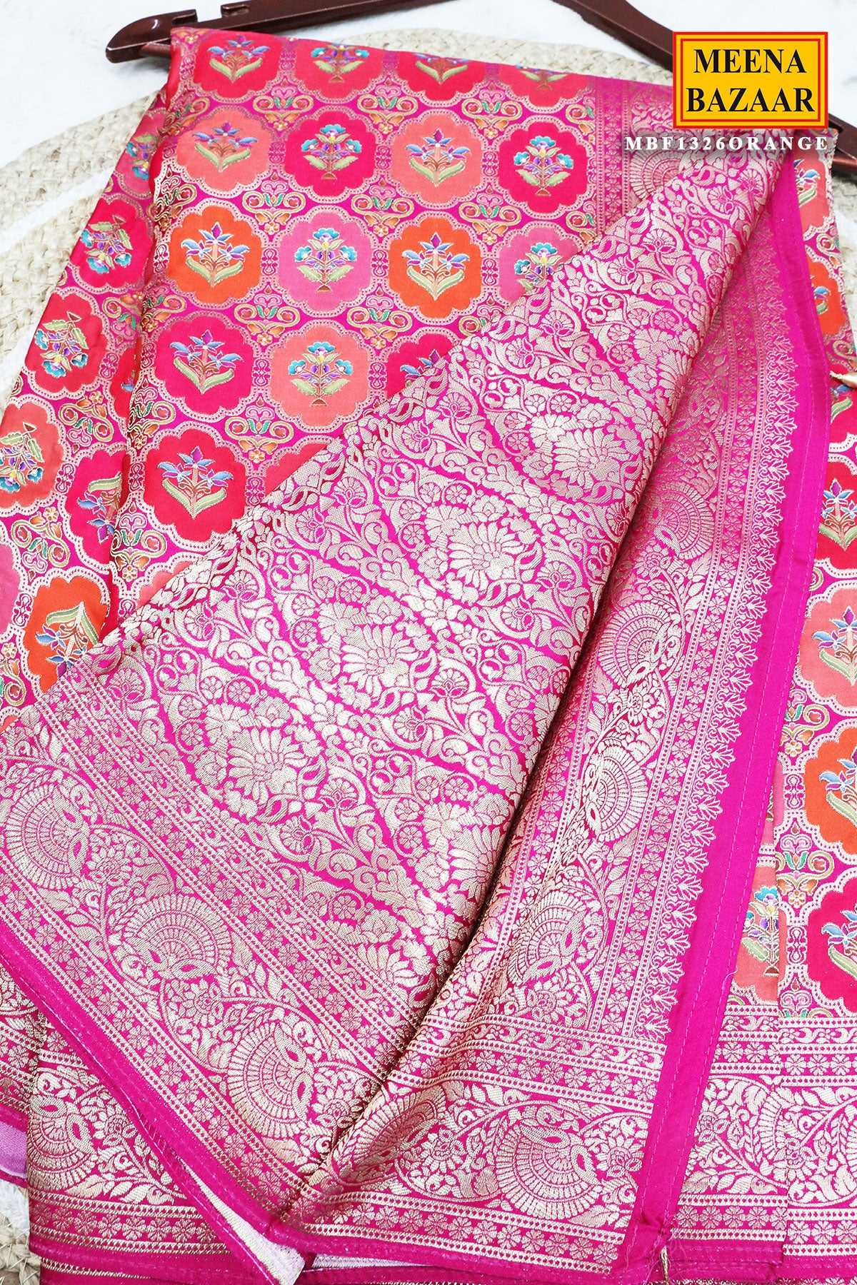Orange Silk Weaving Jaal Saree - Traditional Designer Saree - Image 3