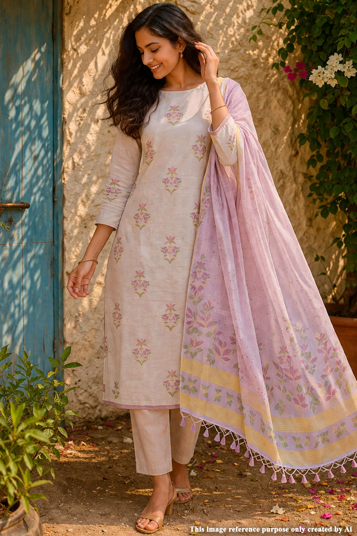 Mauve Cotton Unstitched Suit Set with Floral Buta Kurta & Printed Dupatta