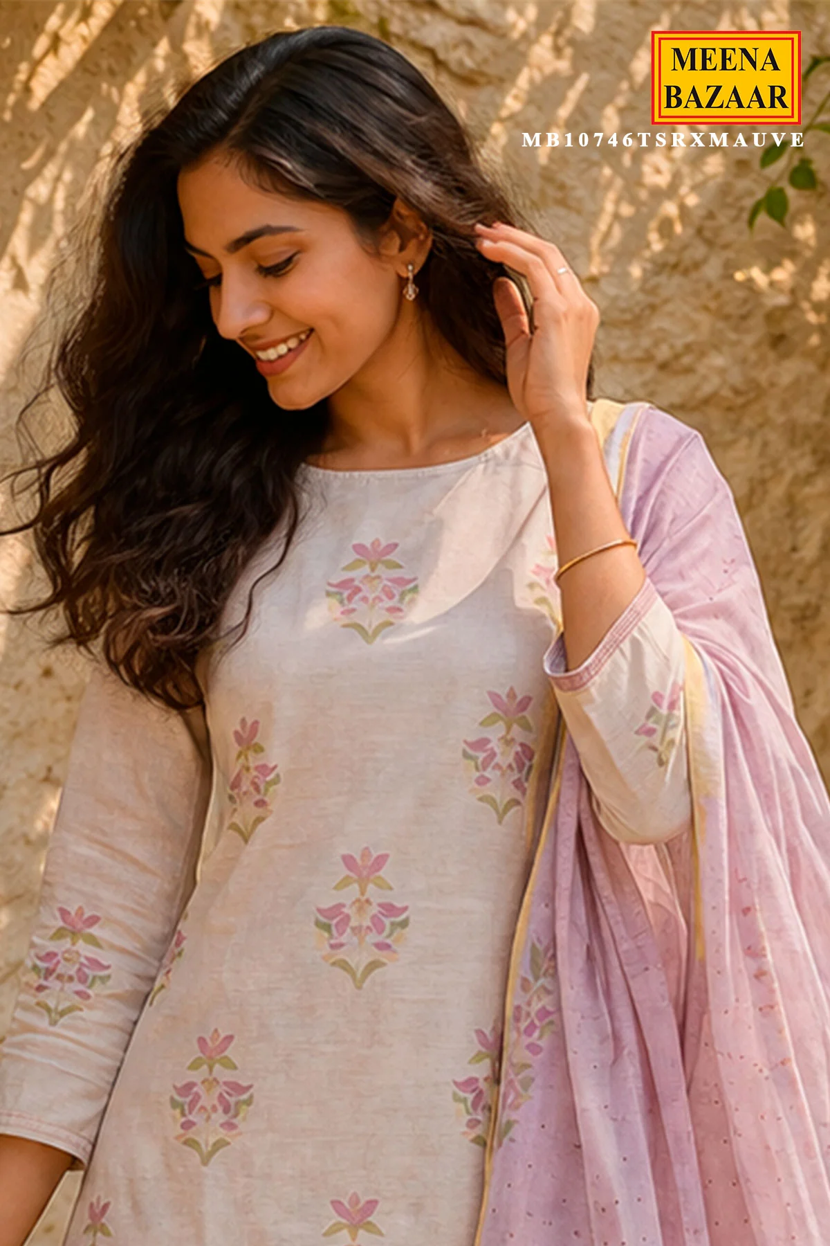 Mauve Cotton Unstitched Suit Set with Floral Buta Kurta & Printed Dupatta - Image 2