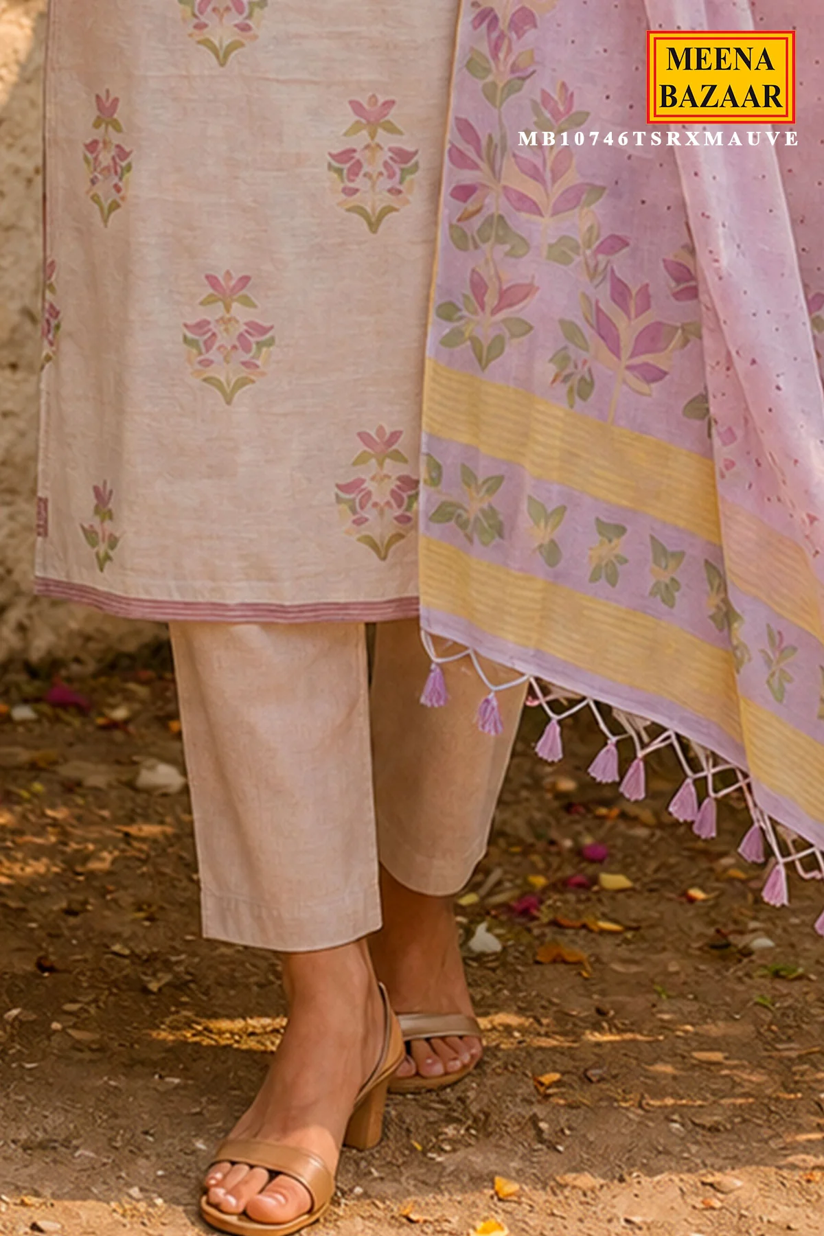Mauve Cotton Unstitched Suit Set with Floral Buta Kurta & Printed Dupatta - Image 3
