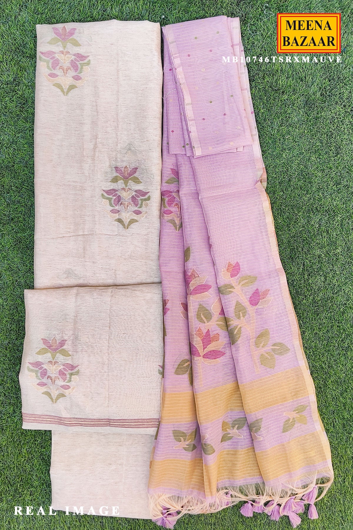 Mauve Cotton Unstitched Suit Set with Floral Buta Kurta & Printed Dupatta - Image 4