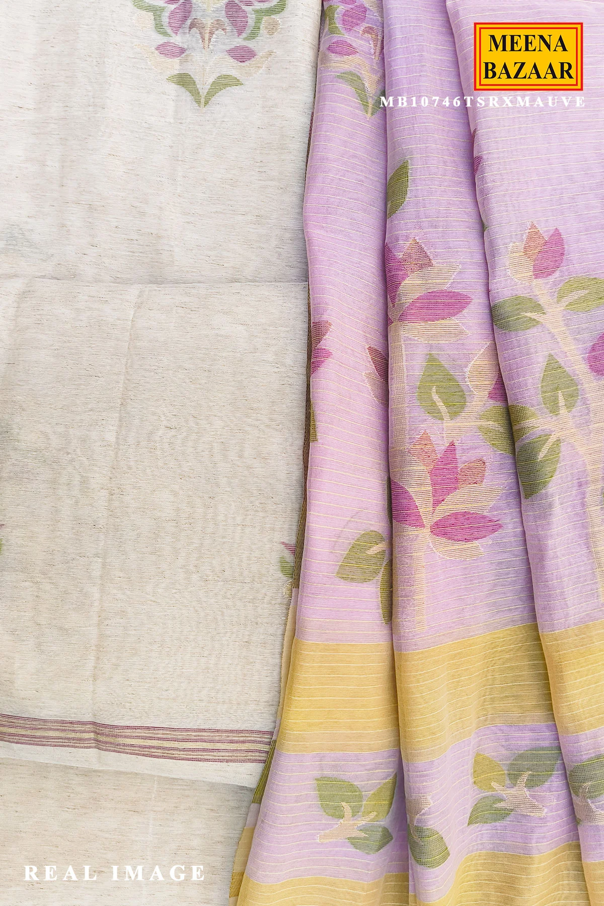 Mauve Cotton Unstitched Suit Set with Floral Buta Kurta & Printed Dupatta - Image 6