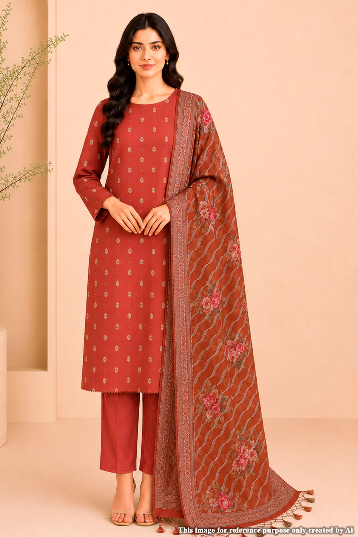 Peach Floral Suit Set with Dupatta